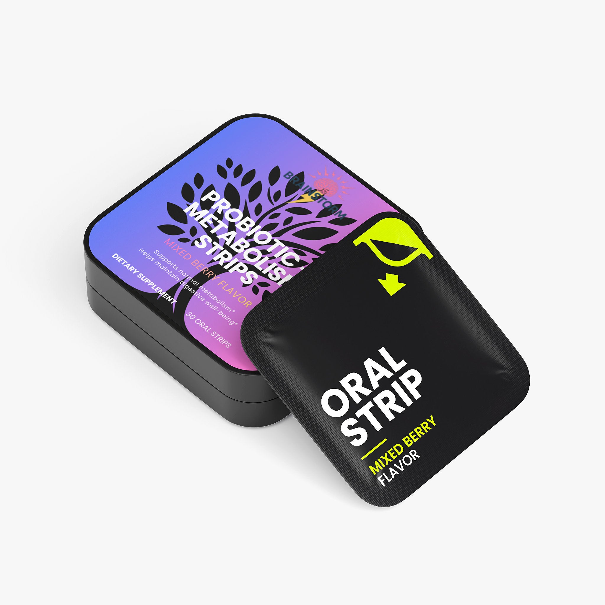 Black container with Brainstorm logo 'Probiotic + Metabolism support' and 'Oral Strip' text and a leafy tree label on a white background
