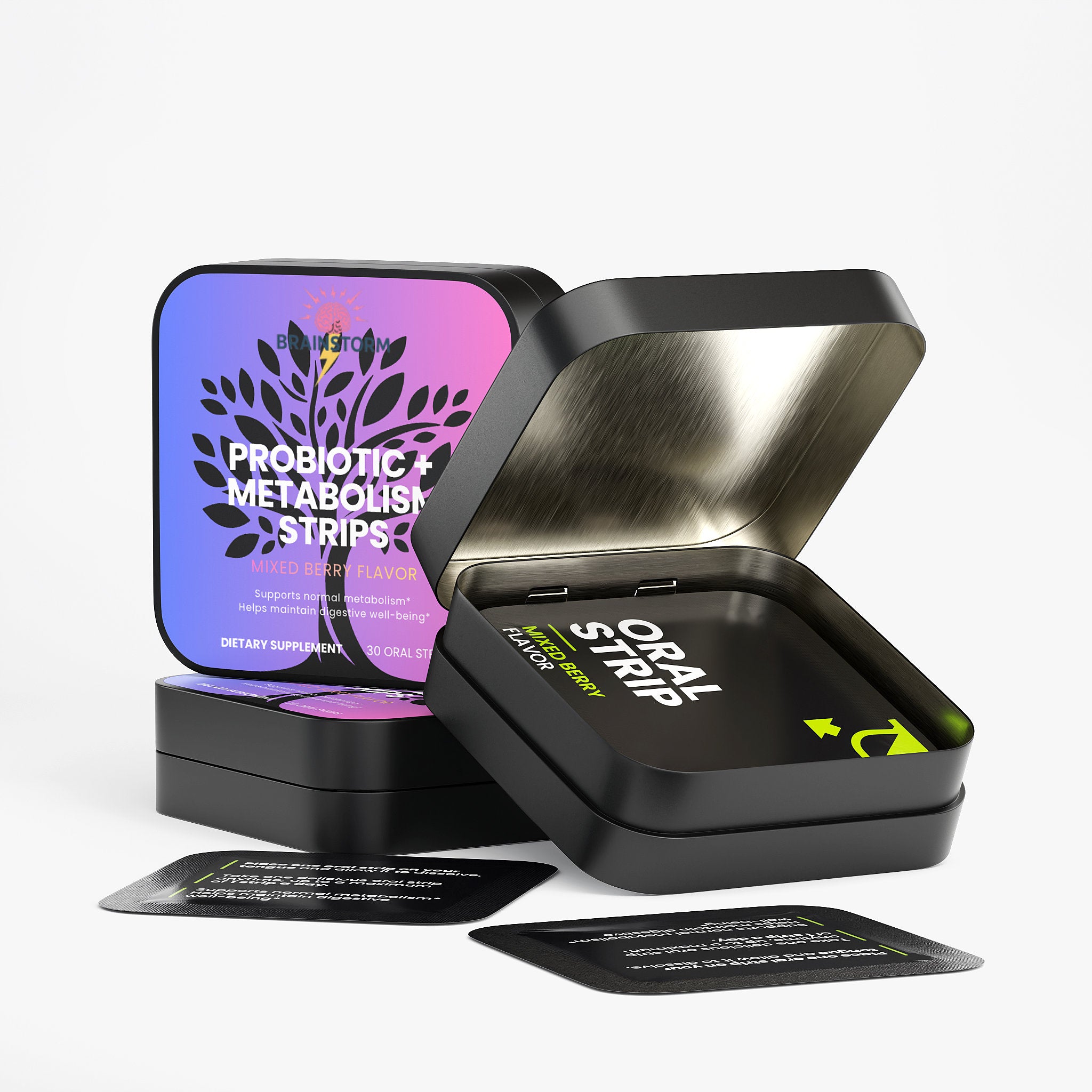 Black tin box with 'Probiotic + Metabolism Suport Strips' and 'Oral Strip' packaging on a white background mixed berry flavor 