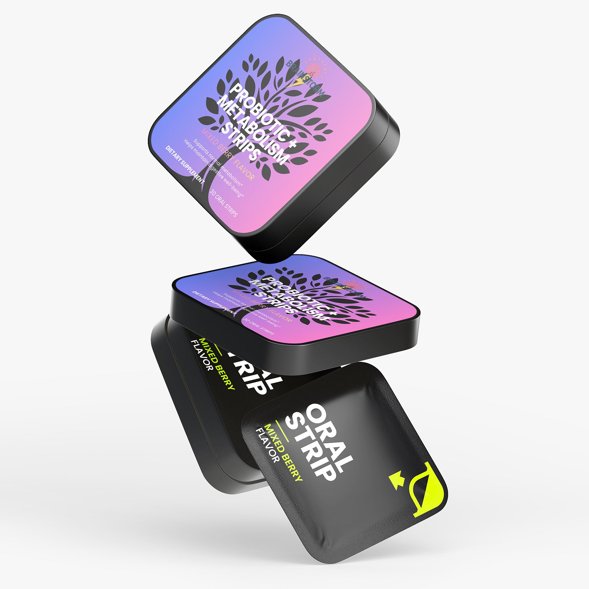 Two black containers falling on top of eachother with Probiotic + Metabolism Strips labels on a white background