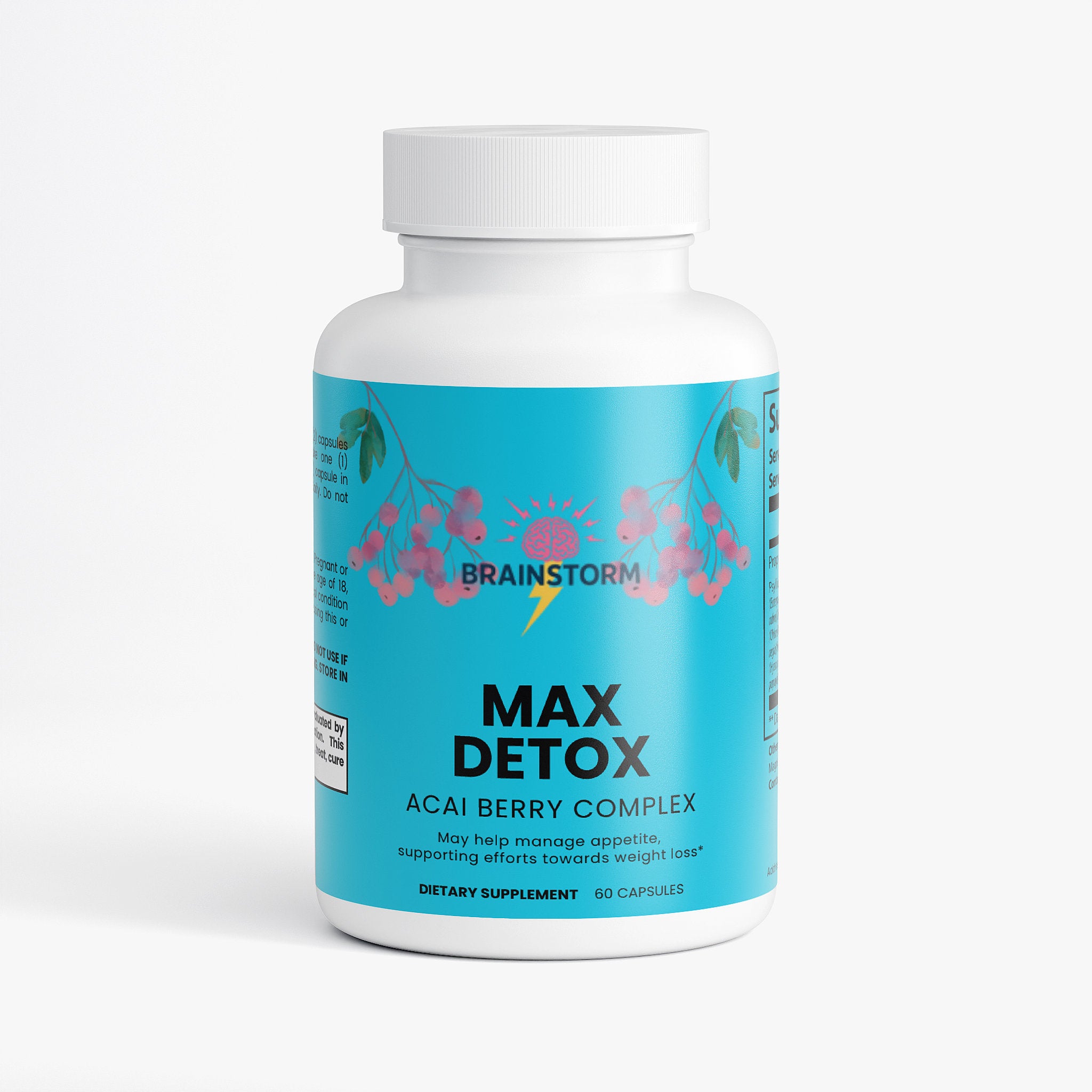 Supplement bottle labeled 'Max Detox Acai Berry Complex' by Brainstorm on a white background