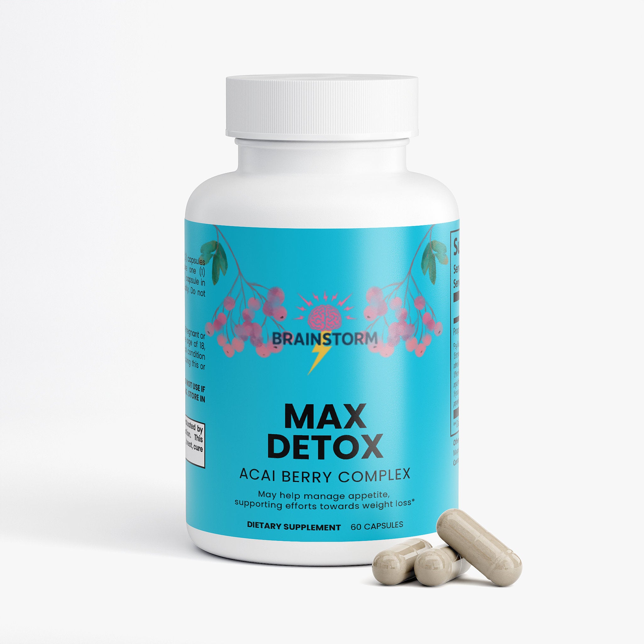 Brainstorm Supplement bottle labeled 'Max Detox' with a blue label on a white background