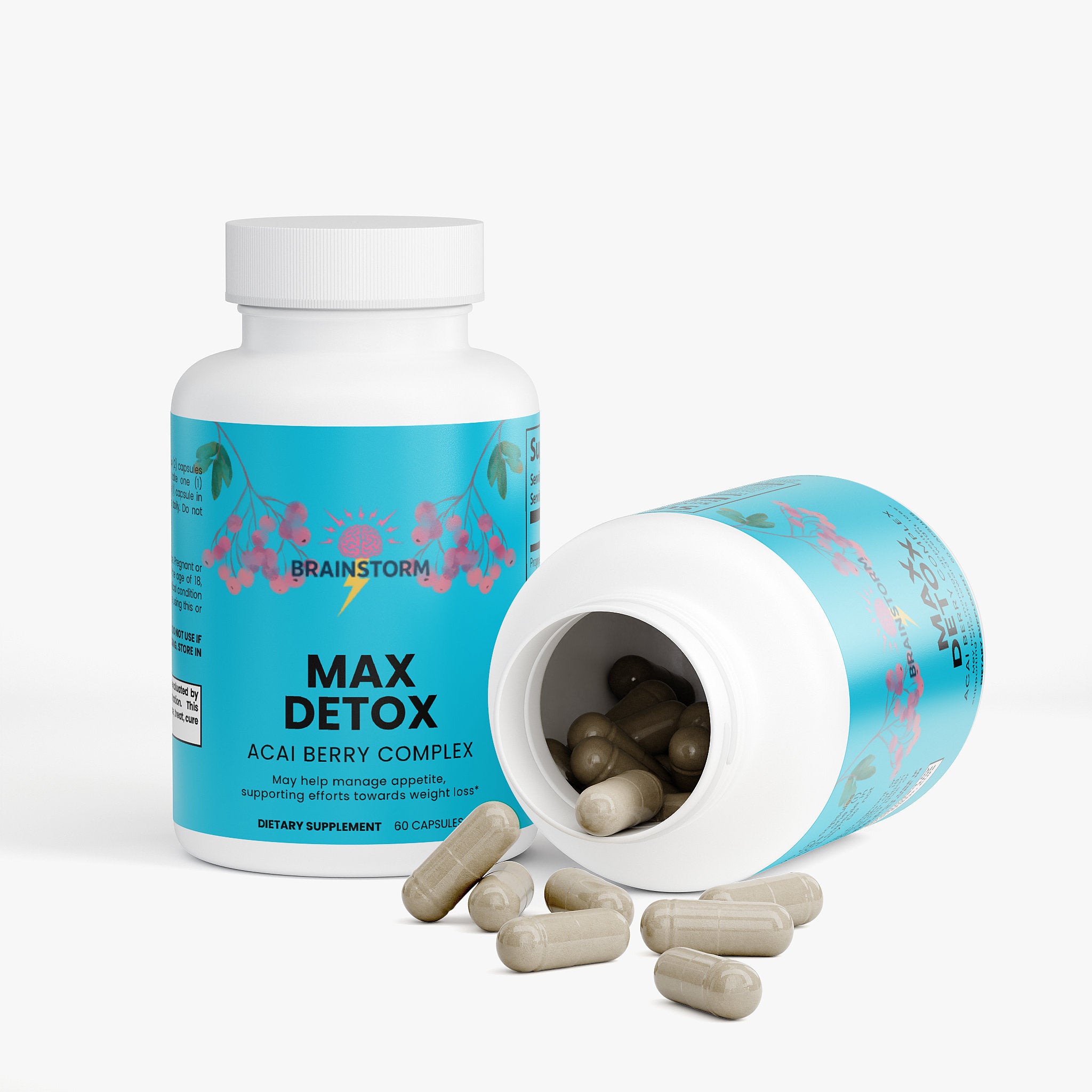 Brainsorm Supplement bottle labeled 'Max Detox' with pills on a white background