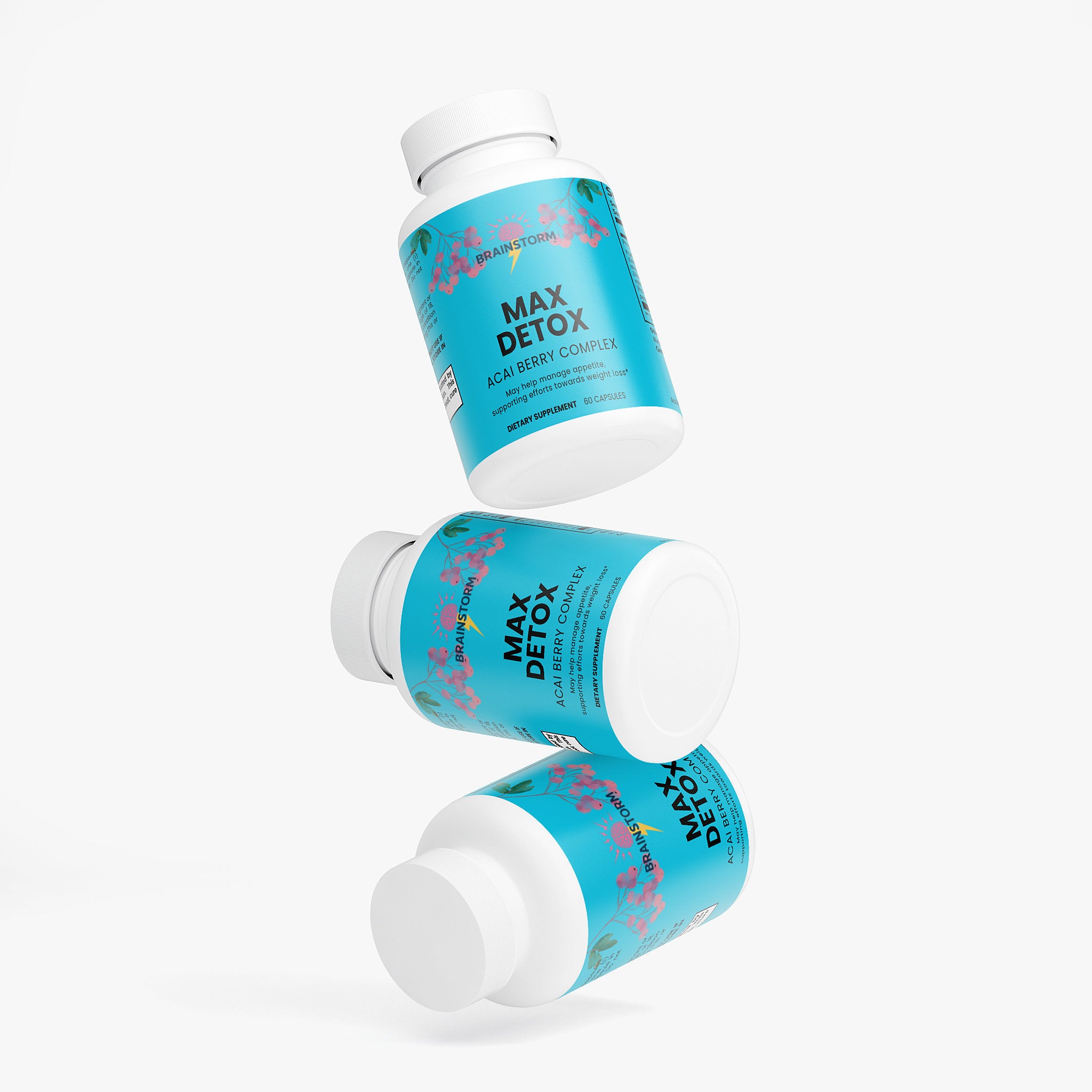 Three bottles stacked on top of eachother of Brainstorm Nootropic 'Max Detox' supplement on a white background