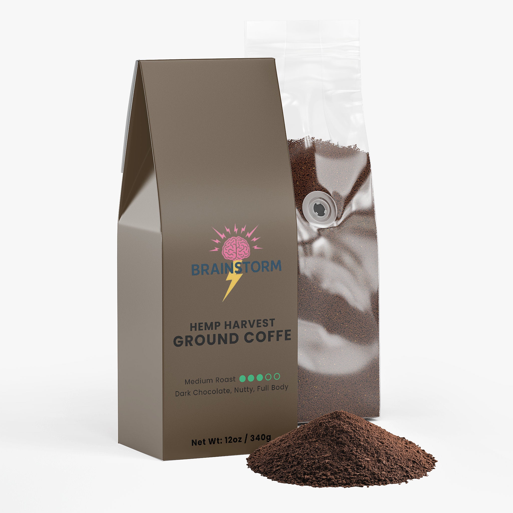 Bag of Hemp Harvest Ground Coffee with Brainstorm logo and visible coffee grounds on a white background