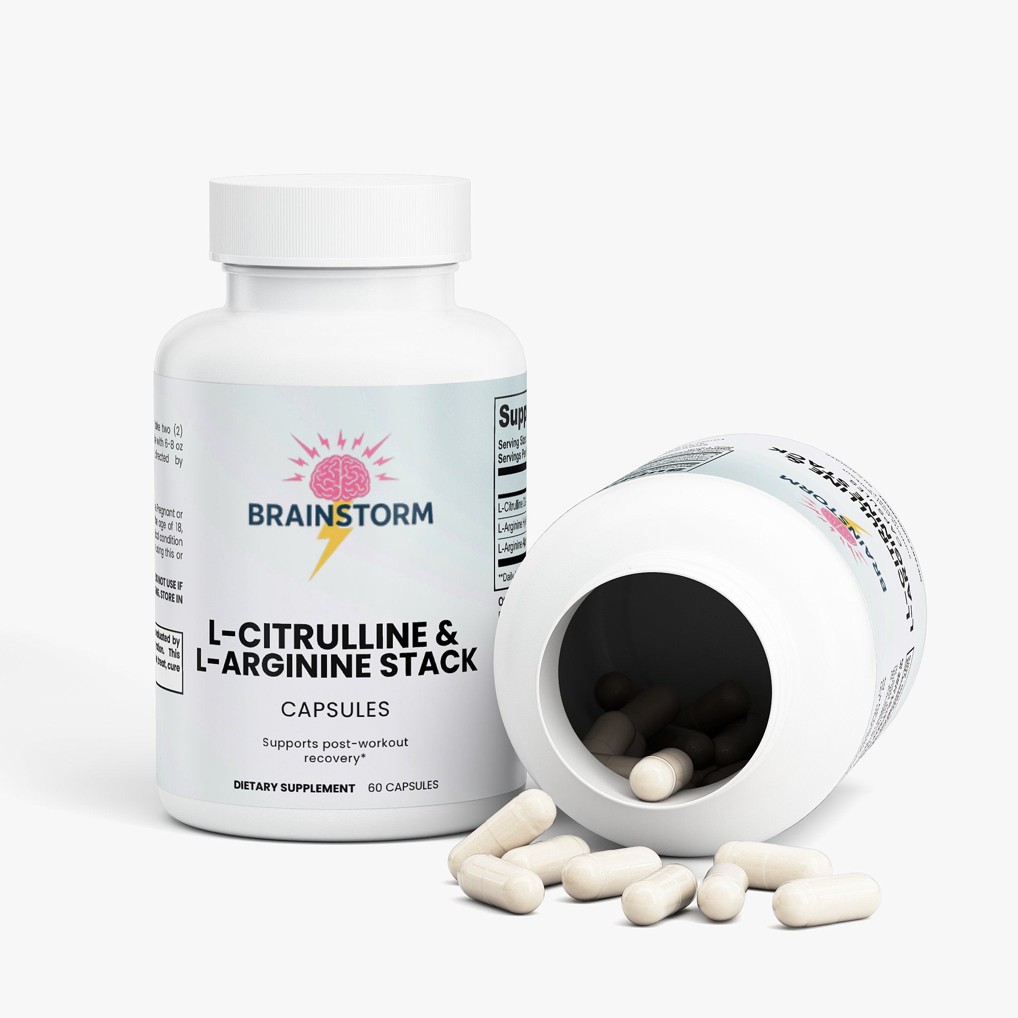 Supplement bottle labeled 'Brainstorm' L-Citrulline and L-Glutanine stack with open lid showing capsules on a white background