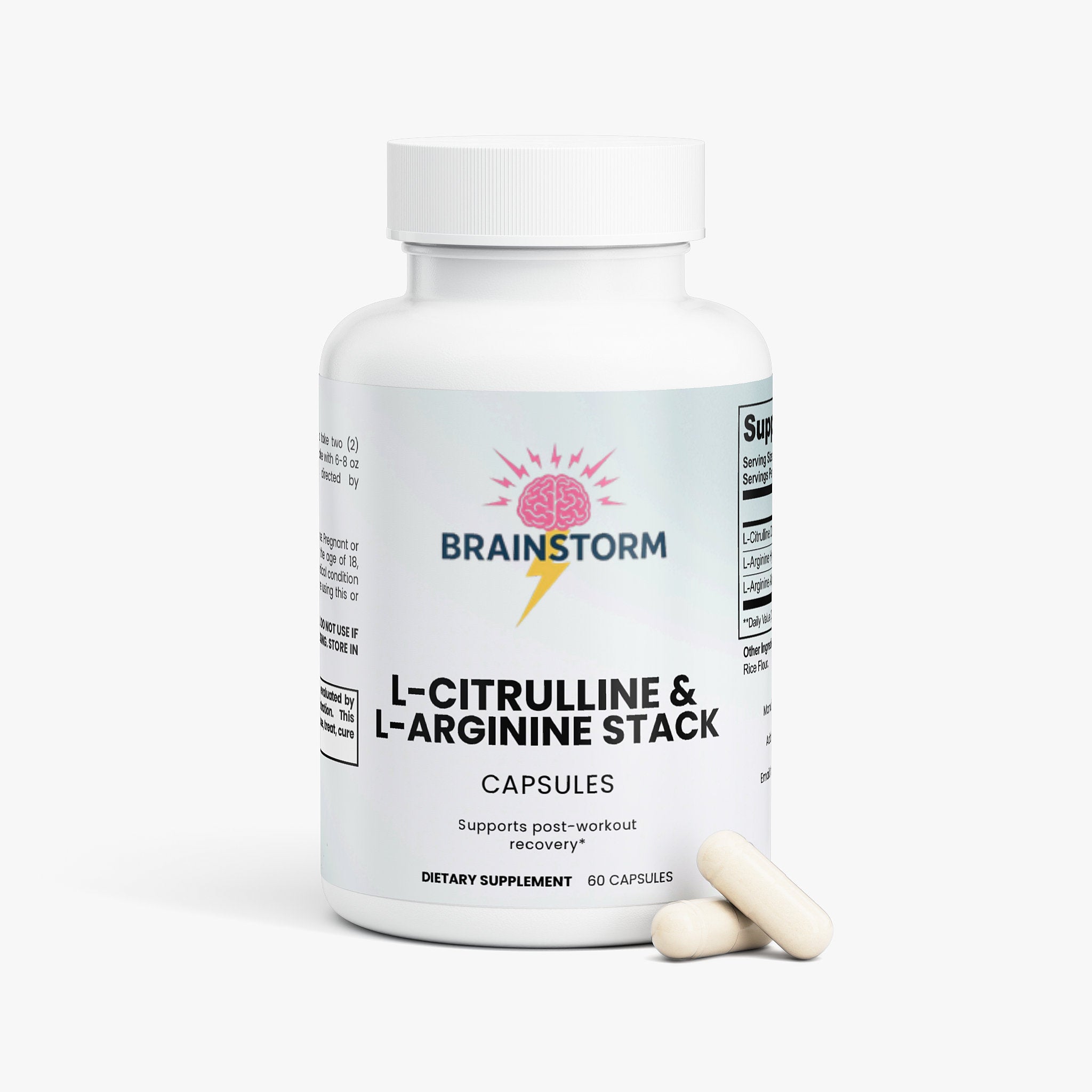 Supplement bottle labeled 'Brainstorm' with L-Citrulline & L-Arginine Stack on a white background