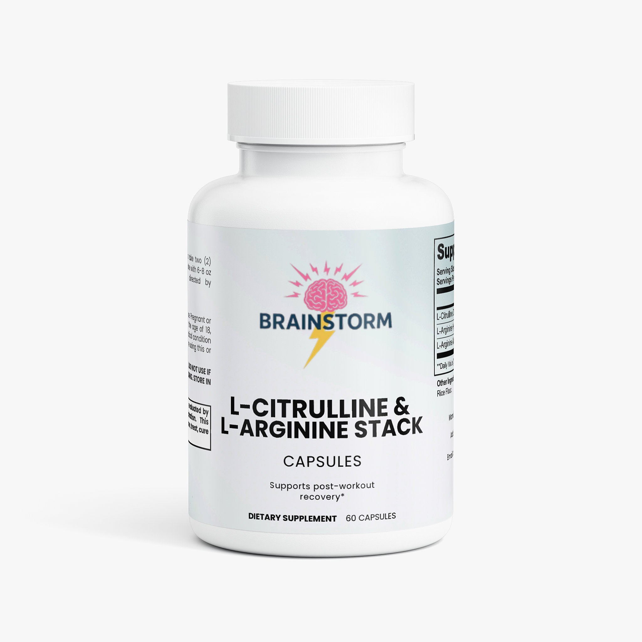 Supplement bottle labeled 'L-Citrulline & L-Arginine Stack' by Brainstorm on a white background