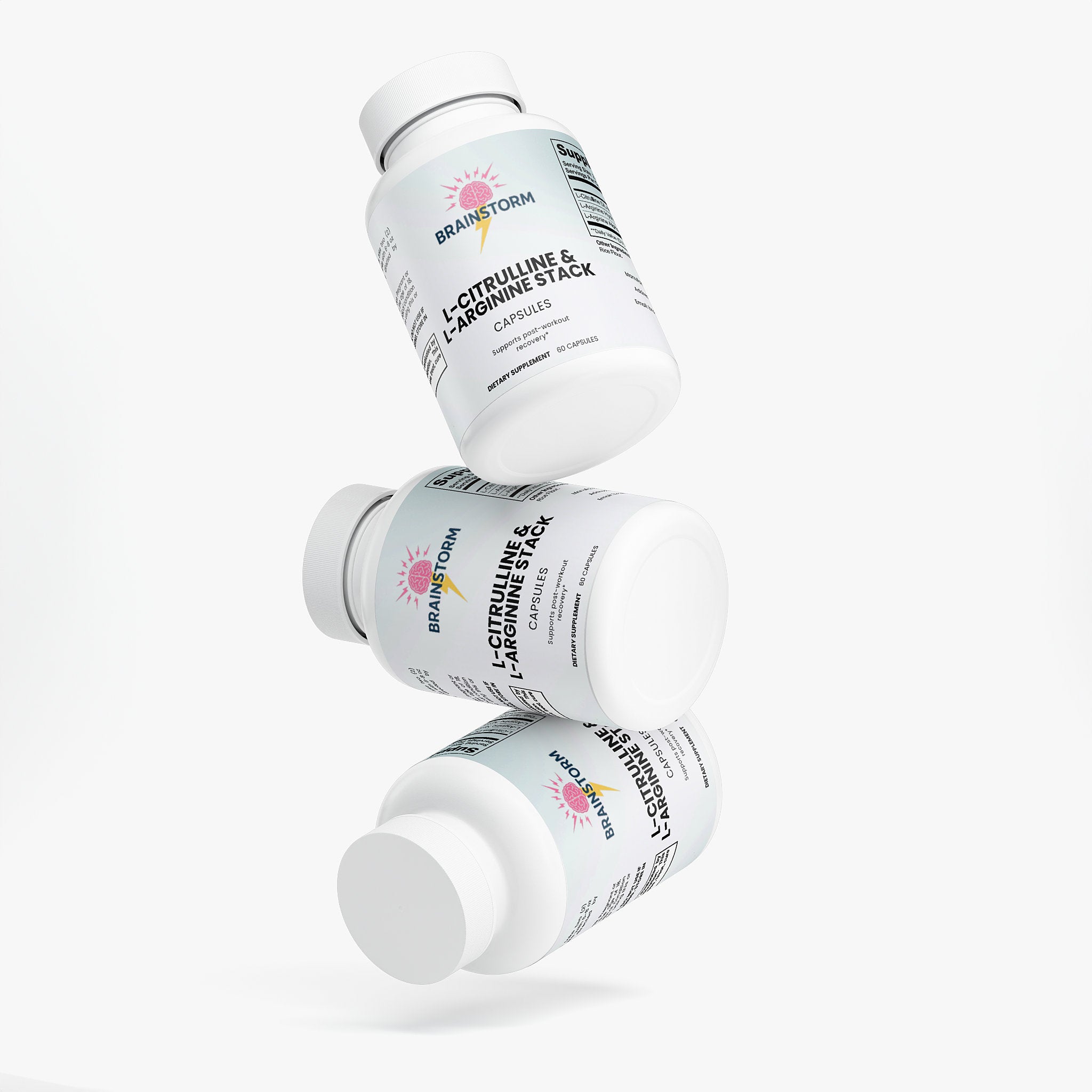 Three white bottles labled L-Citrulline and L-Glutanine on a white background 