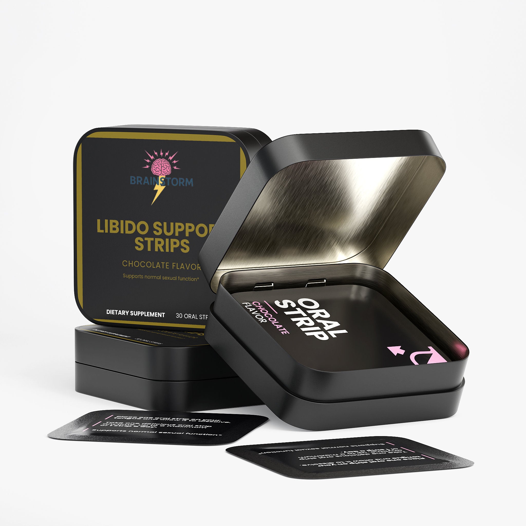 Black tin box with Brainstorm logo 'Libido Support Strips' and 'Oral Strip' labels on a white background