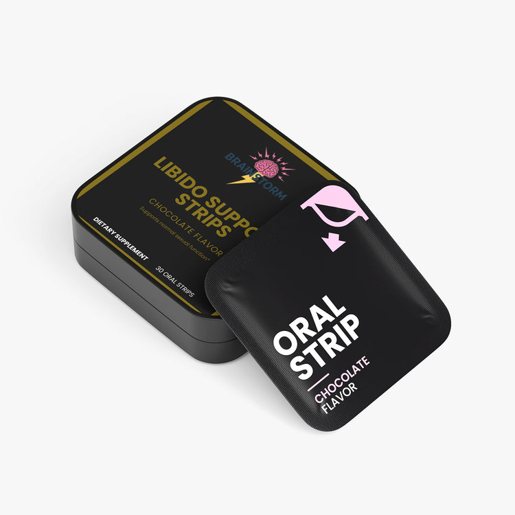 Black packaging of Libido Support Strips with Brainstorm Nootropic branding and product details on a white background