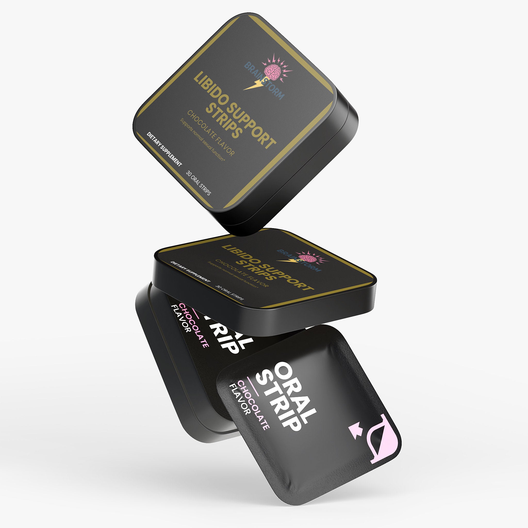 Three black Brainstorm Nootropic containers labeled 'Libido Support', 'Chocolate Flavor', and 'Oral Strip' on a white background