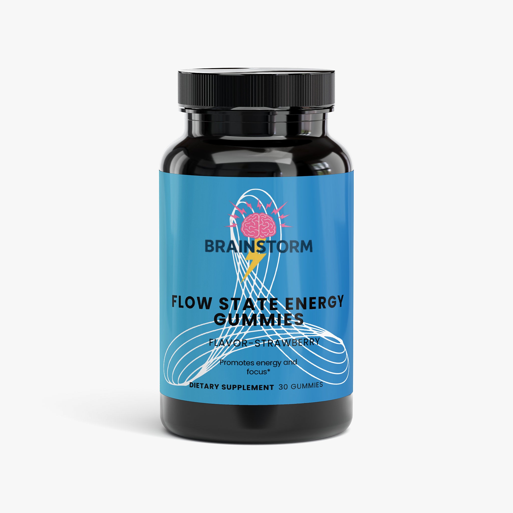 Bottle of Brainstorm Flow State Energy Gummies flavor Strawberry 30 capsules on a white background