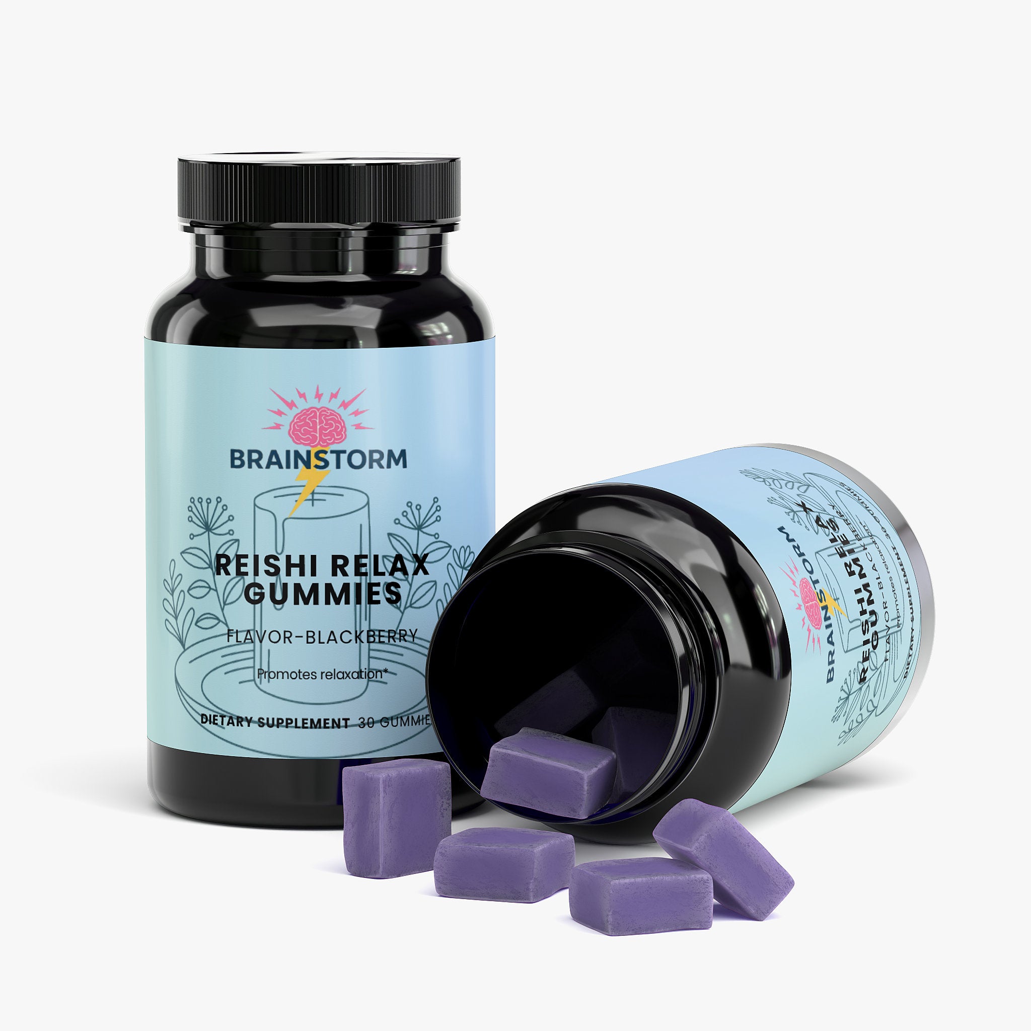 Two Bottle of Brainstorm Reishi Relax Gummies with purple gummies falling out of one bottle on a white background