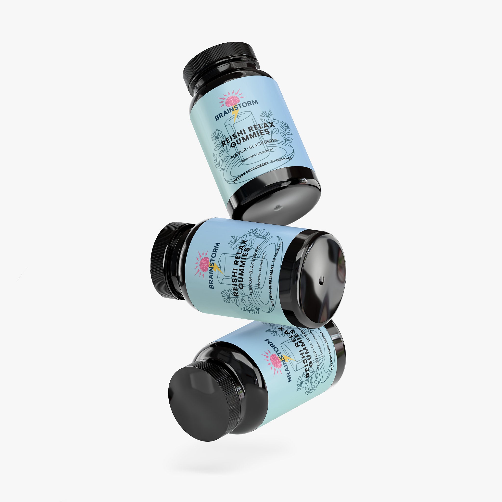 Three bottles of Brainstorm Reishi Relax Gummies falling on top of each other on a white background