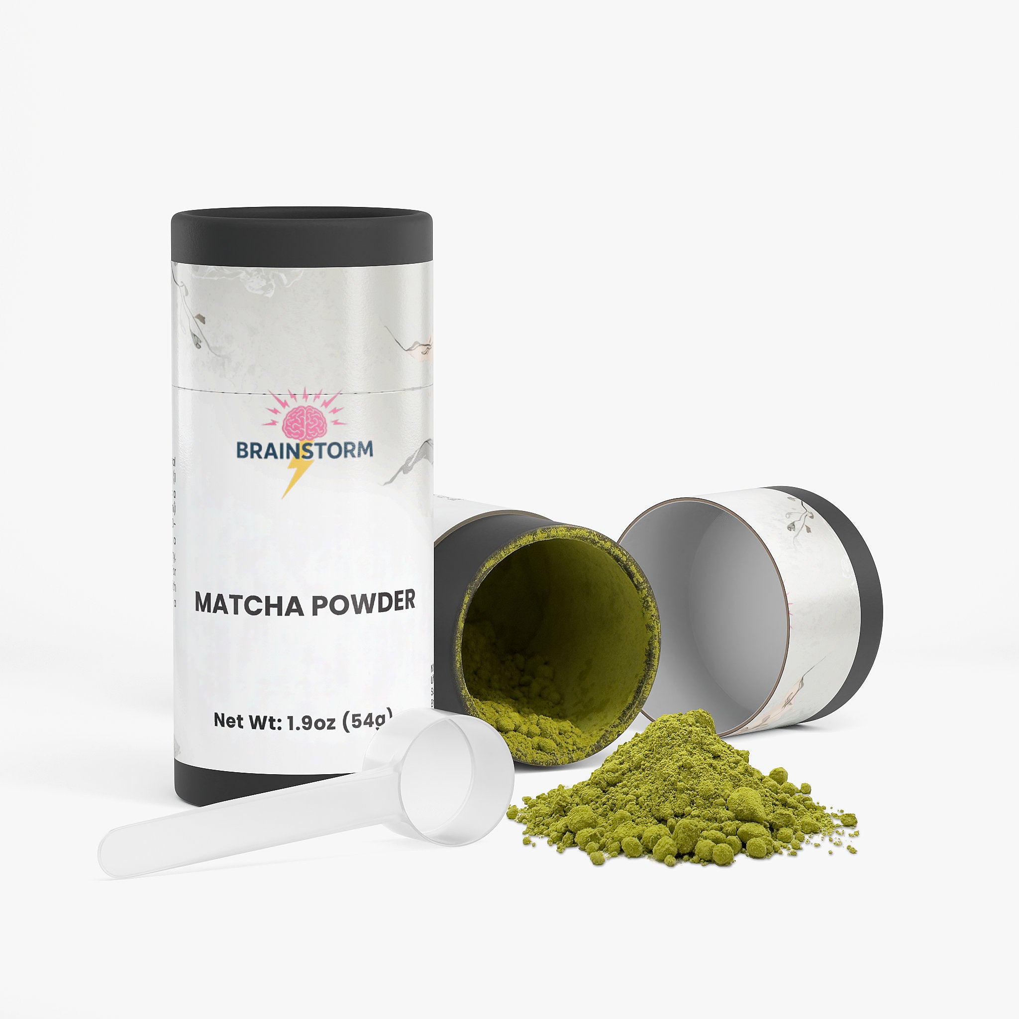 Matcha powder container with open lid showing green powder and a white scoop on a white background.