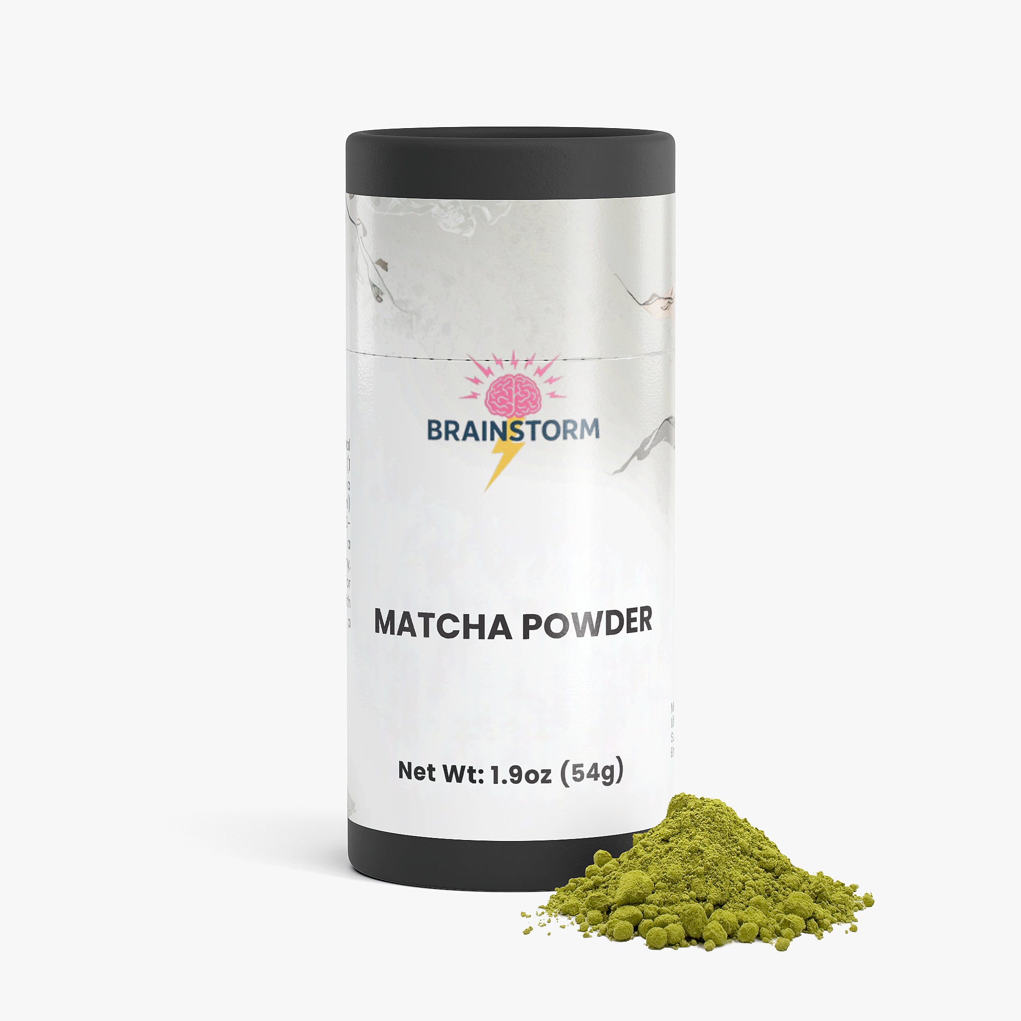 Canister of matcha powder with 'Brainstorm' branding on a white background