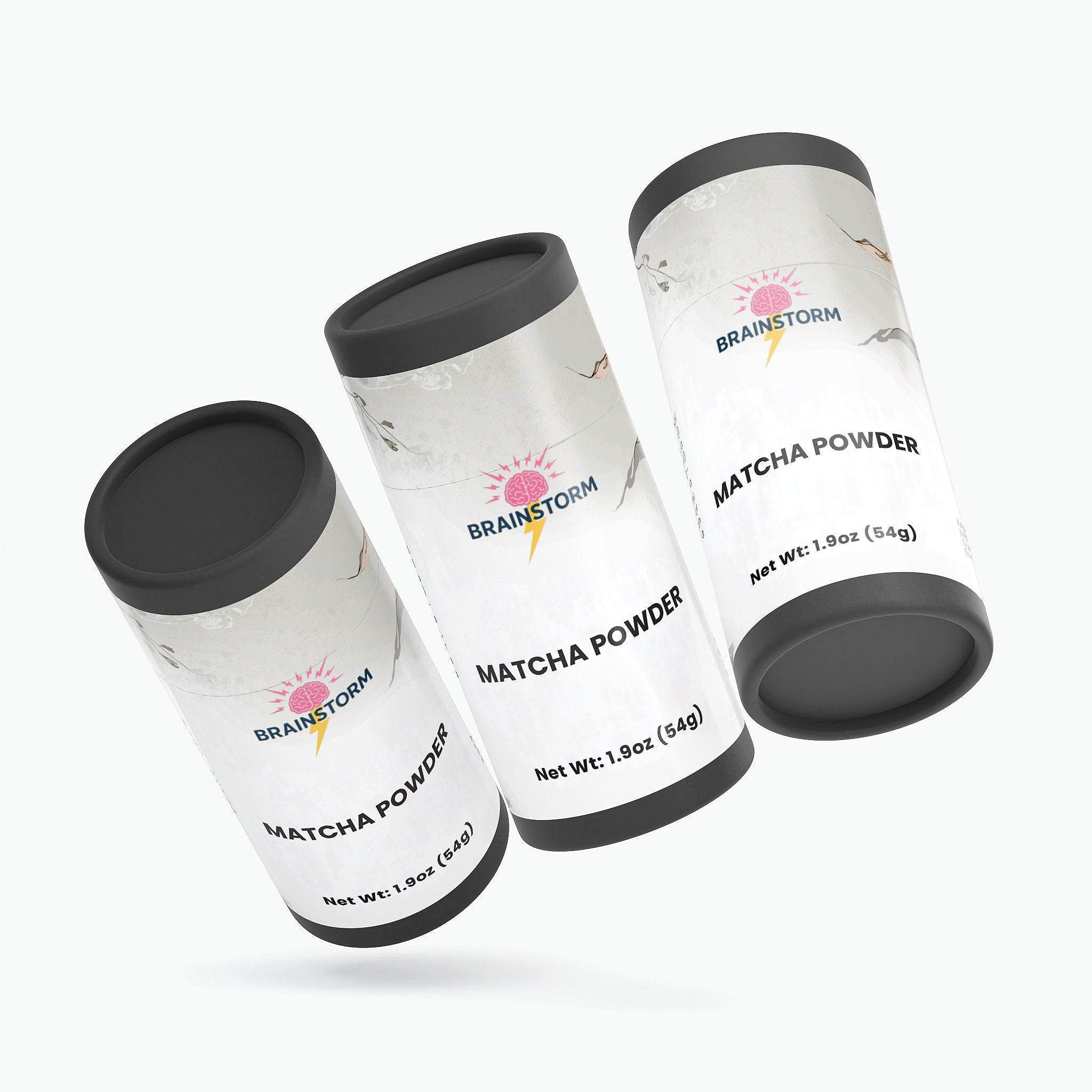 Three cylindrical containers of Brainstorm Matcha Powder on a white background
