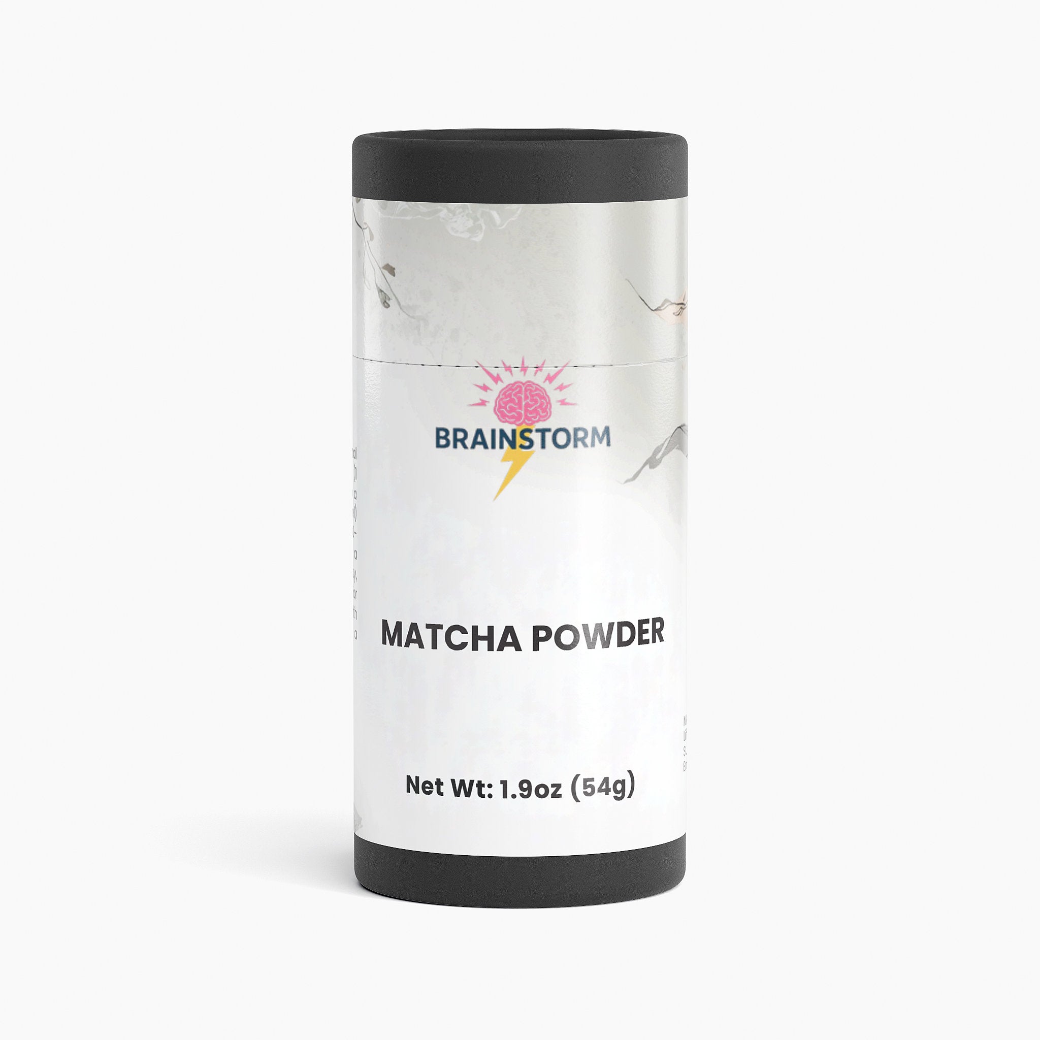 Canister of matcha powder with 'Brainstorm' branding on a white background