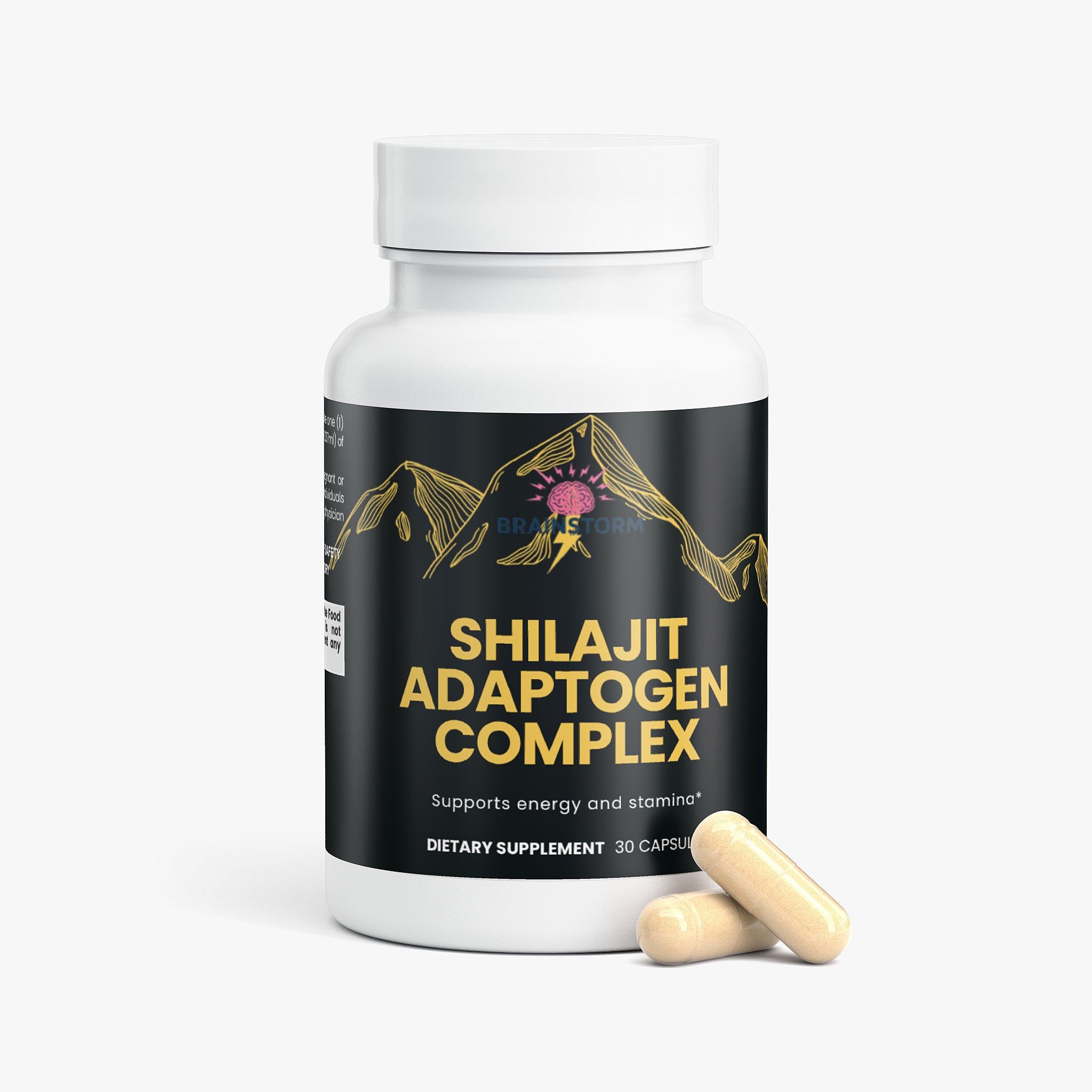 Bottle of Shilajit Adaptogen Complex dietary supplement with capsules on a white background