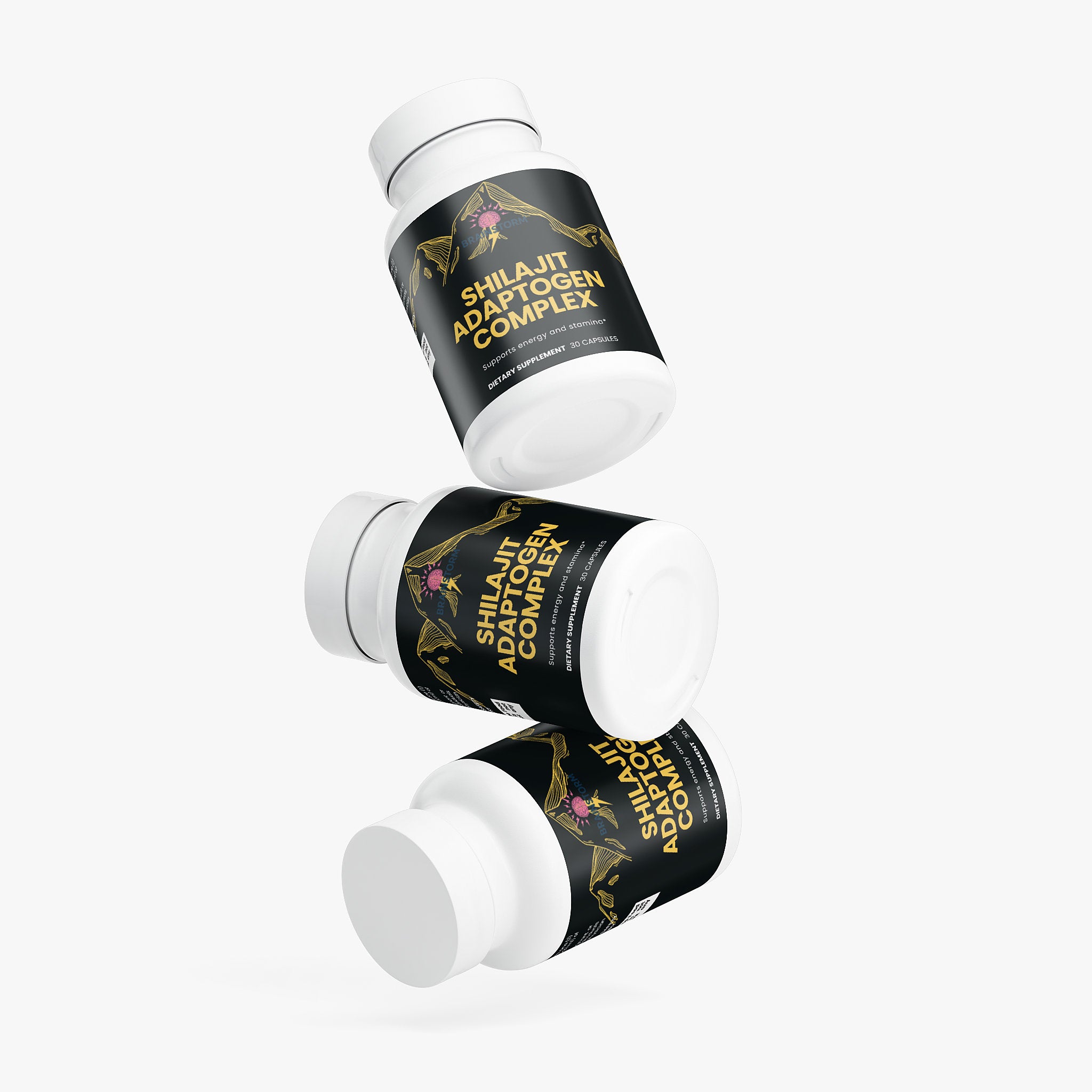 Three bottles of Shilajit Adaptogen Complex on a white background