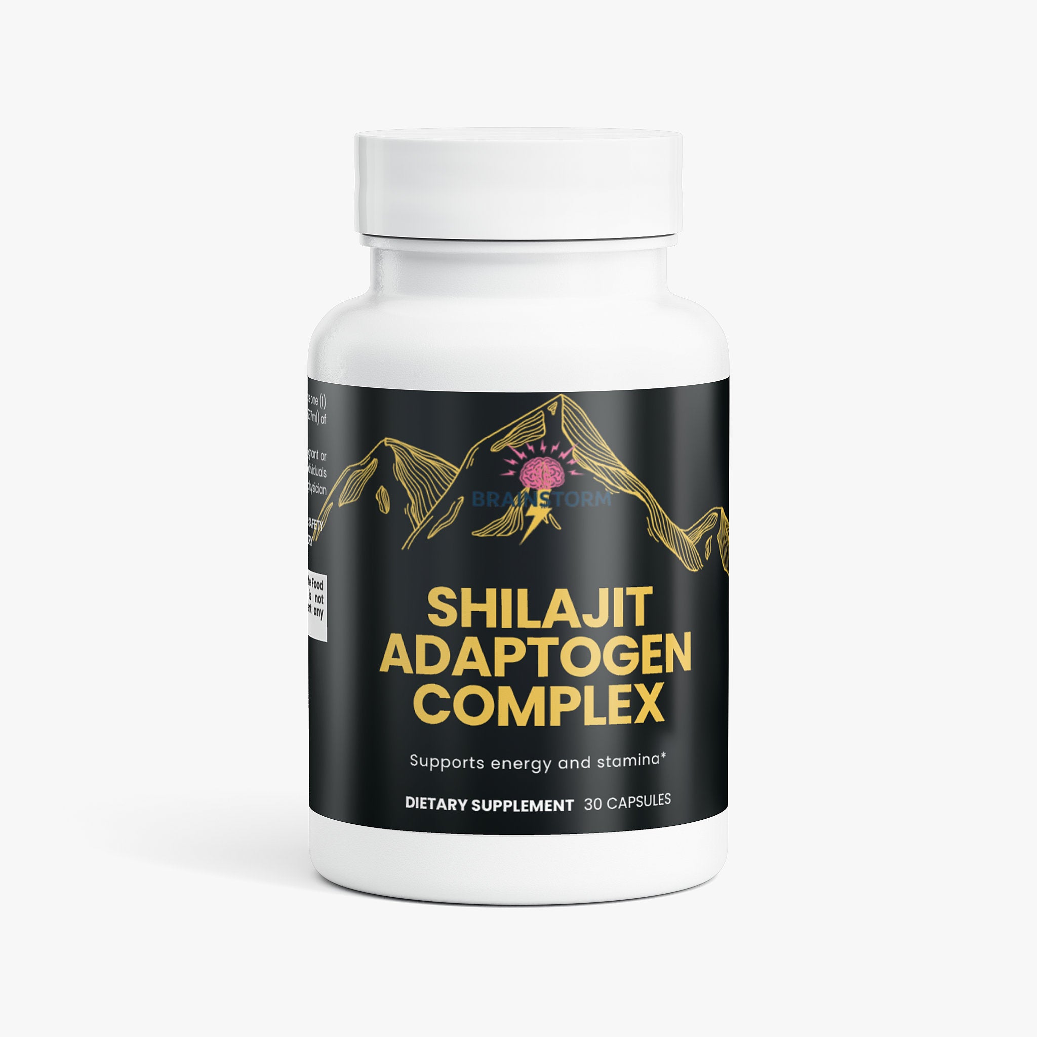 Supplement bottle labeled 'Shilajit Adaptogen Complex' on a white background