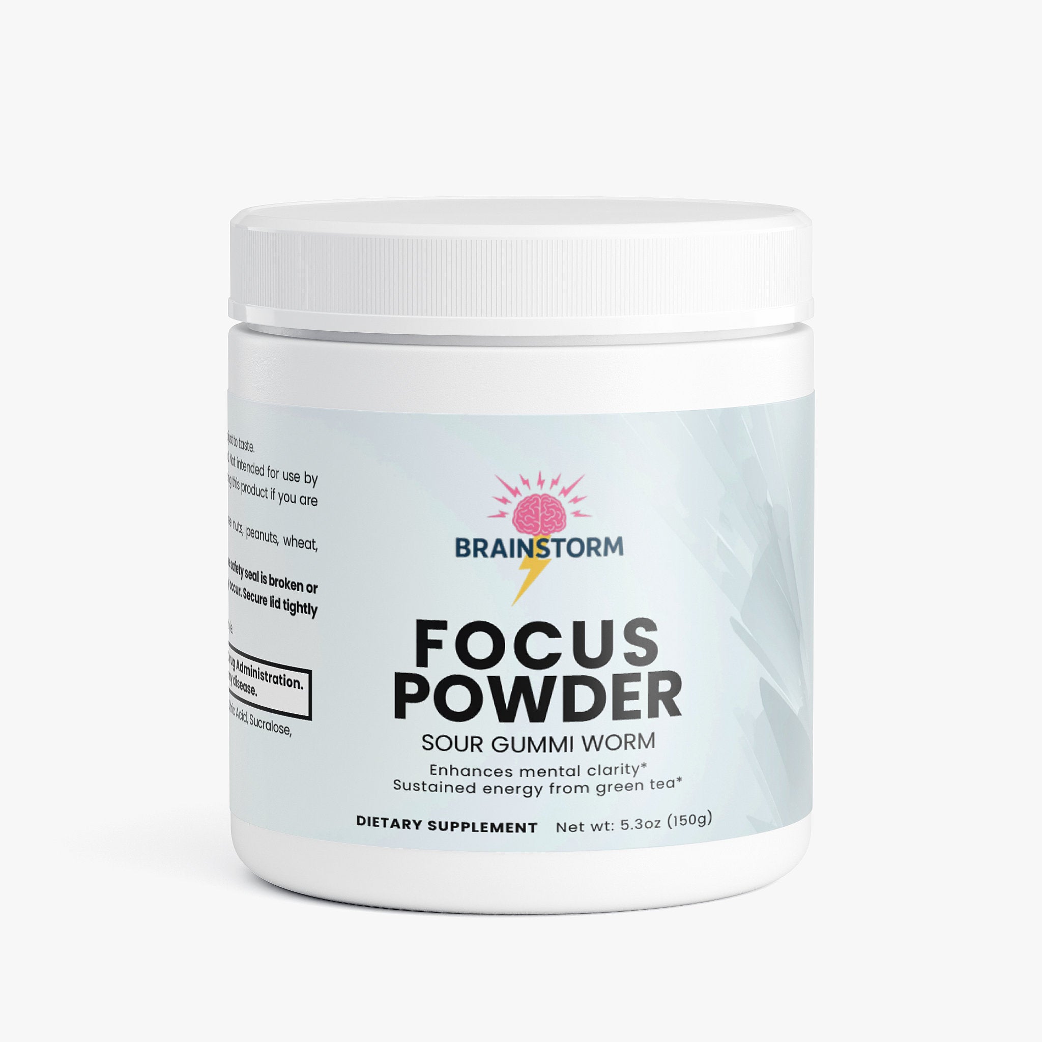 Container of Brainstorm Focus Powder sour gummy worm flavor, enhance mental clarity on a white background