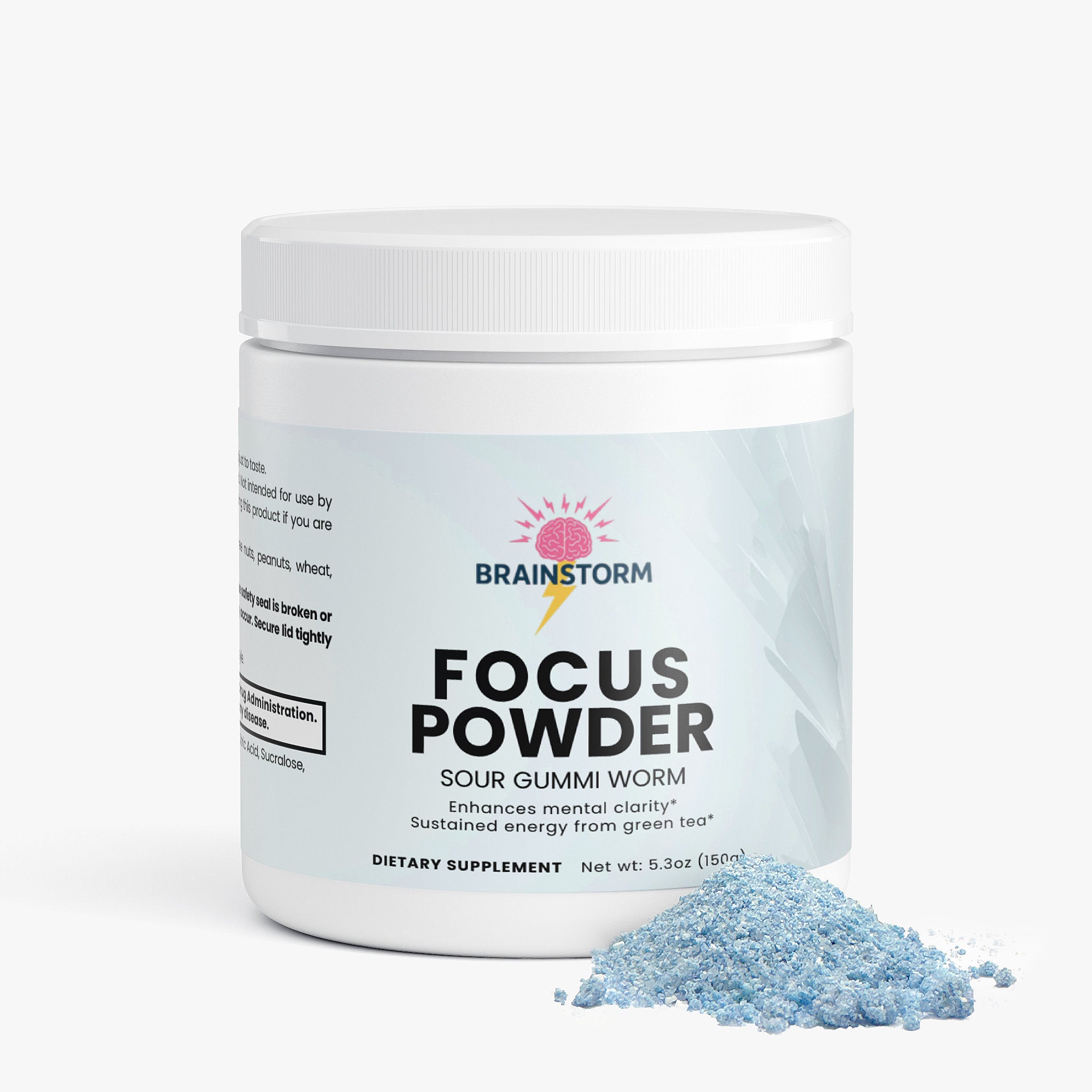Jar of Brainstorm Focus Powder with blue powder on a white background