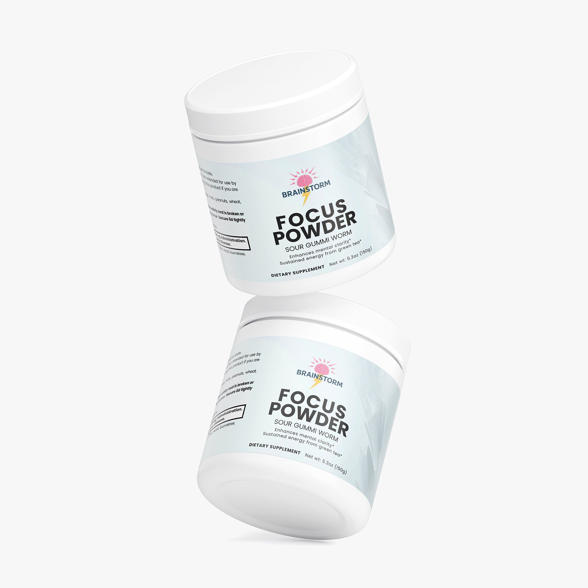 Two containers of Brainstorm 'Focus Powder' on a white background