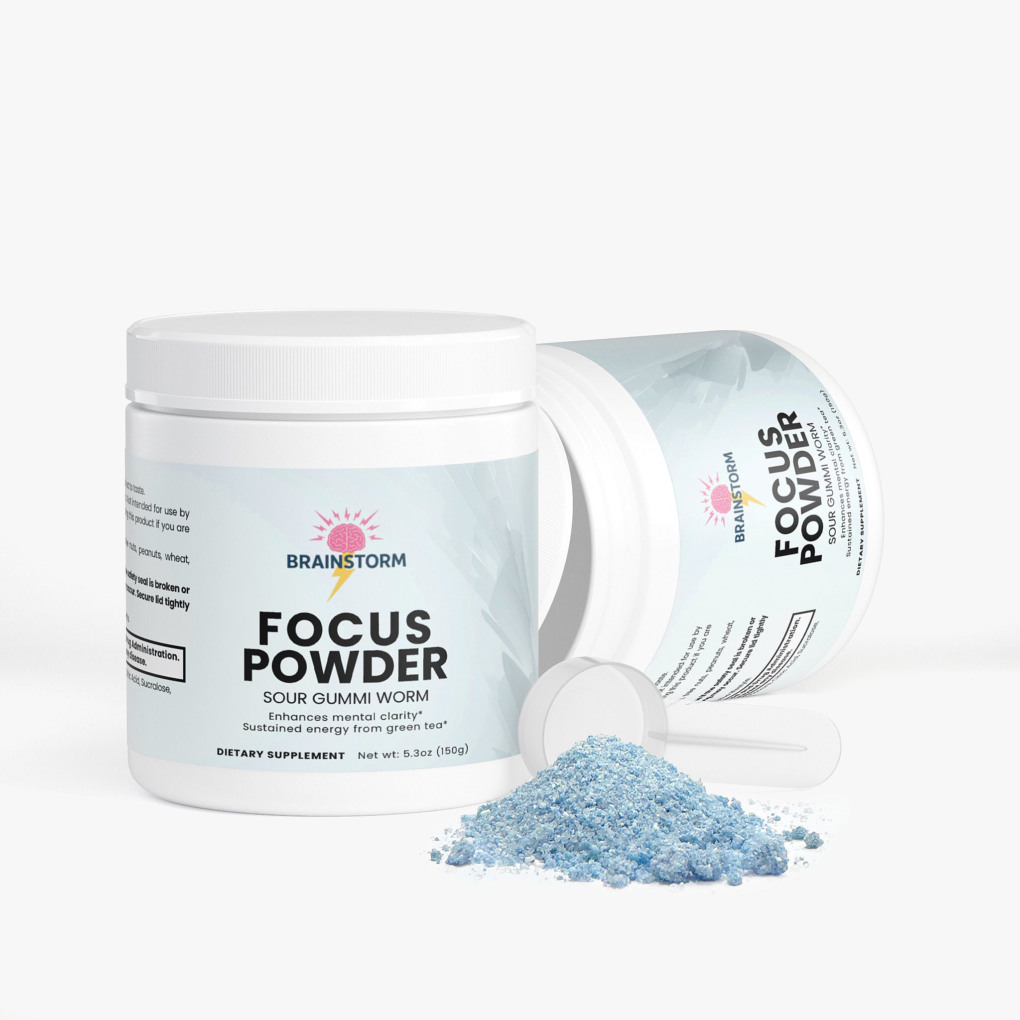 Focus Powder dietary supplement container with powder spilling out on a white background