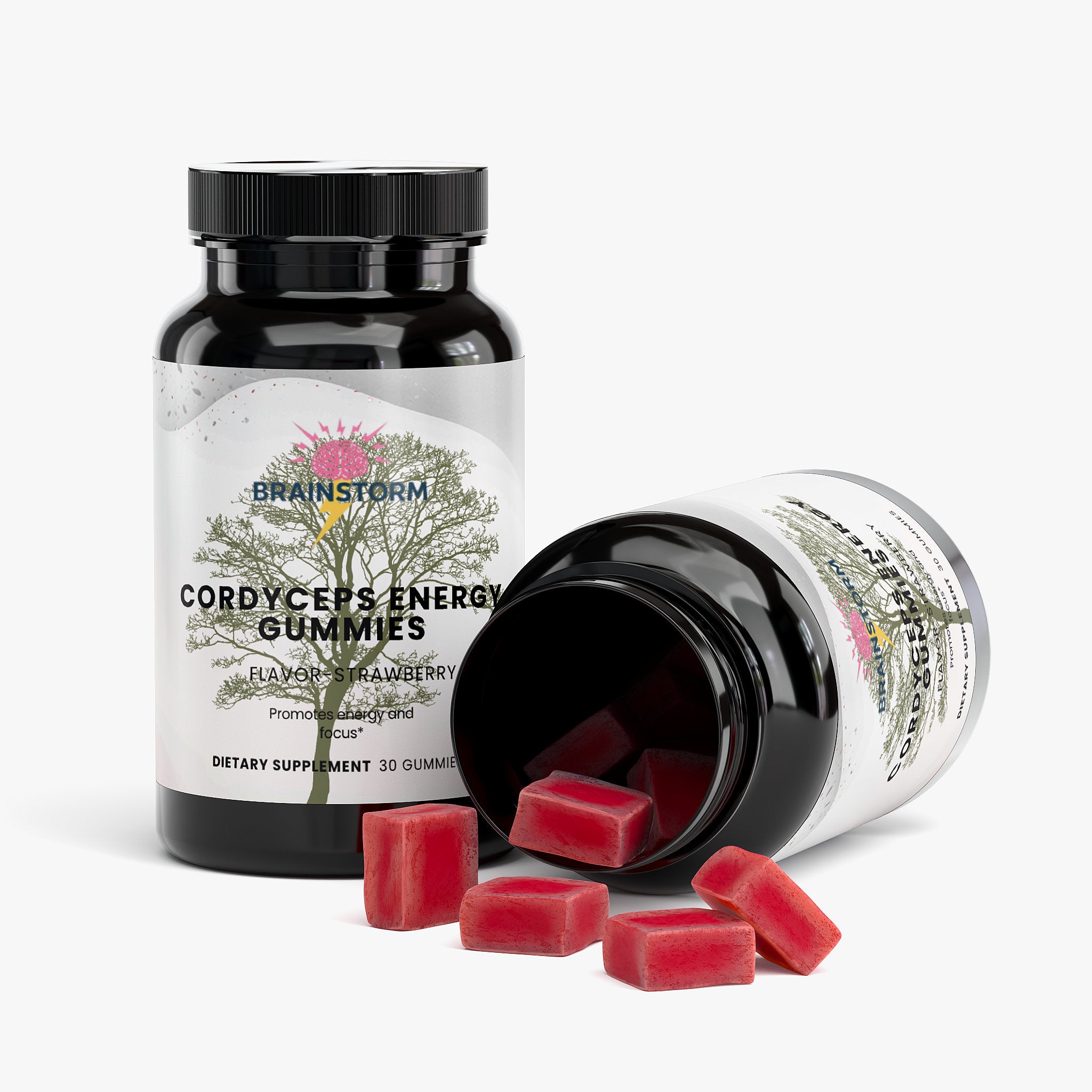 Two bottles of Cordyceps Energy Gummies with red gummy on a white background