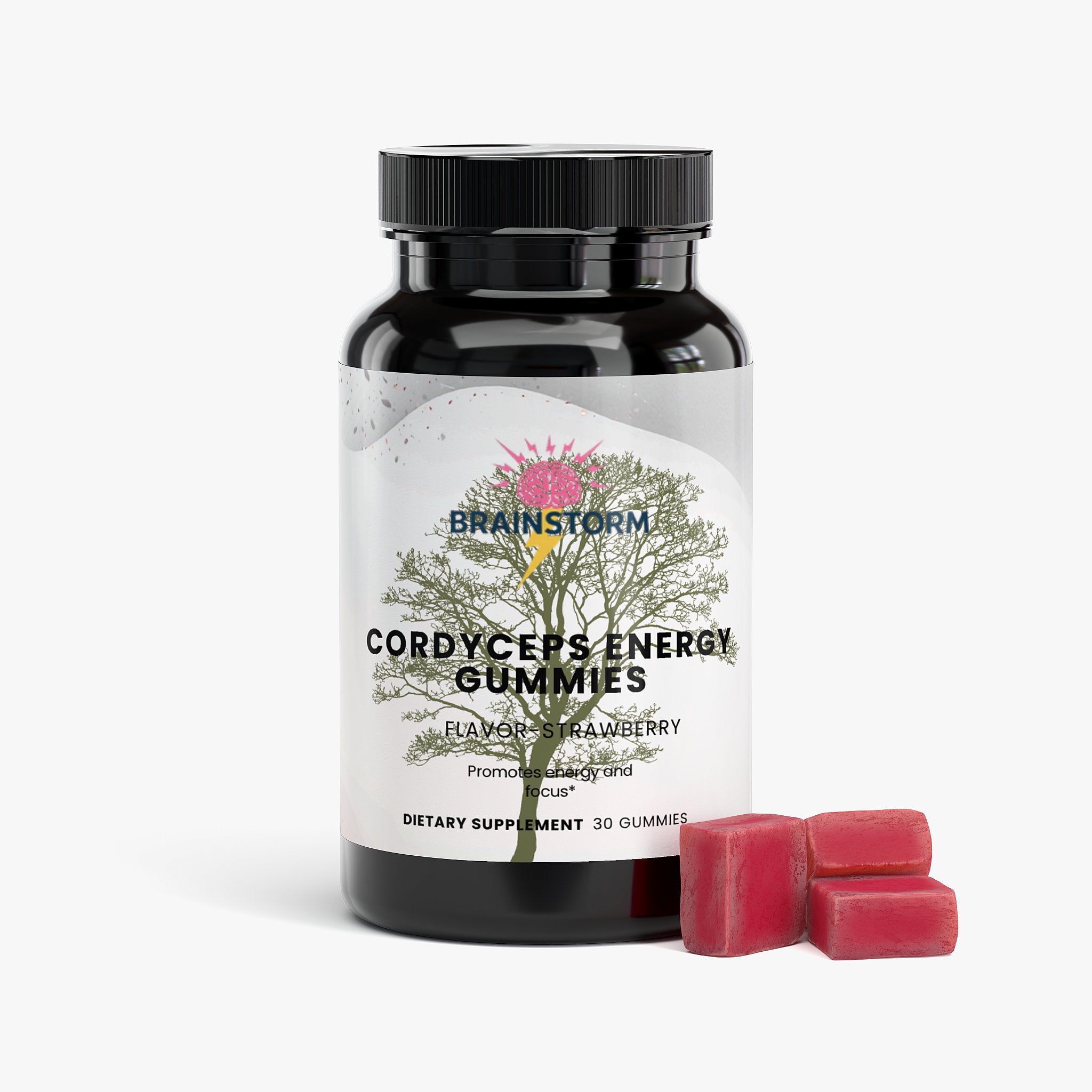 Bottle of Brainstorm Energy Gummies with a label on a white background