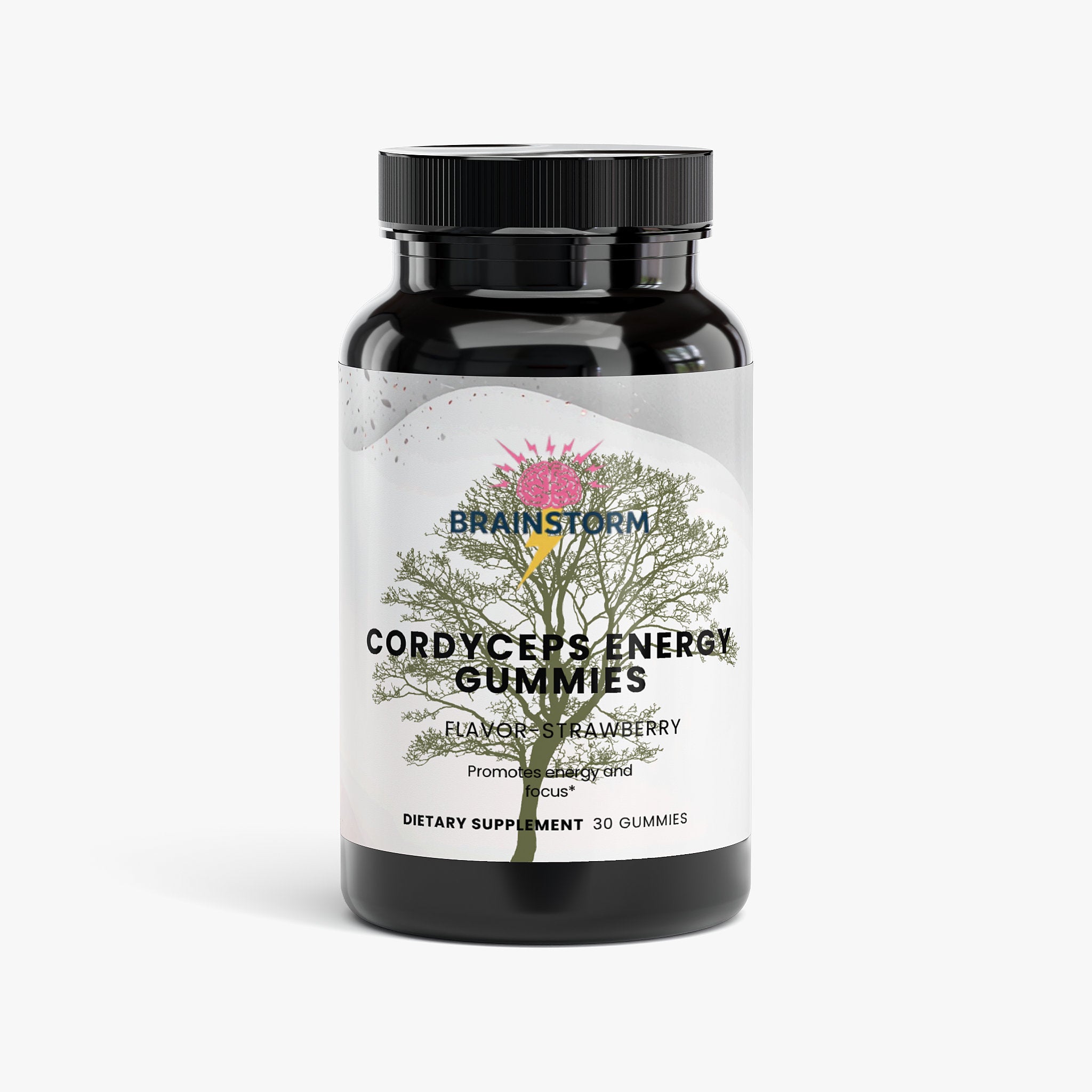 Bottle of Brainstorm Cordyceps Energy Gummies with a label on a white background