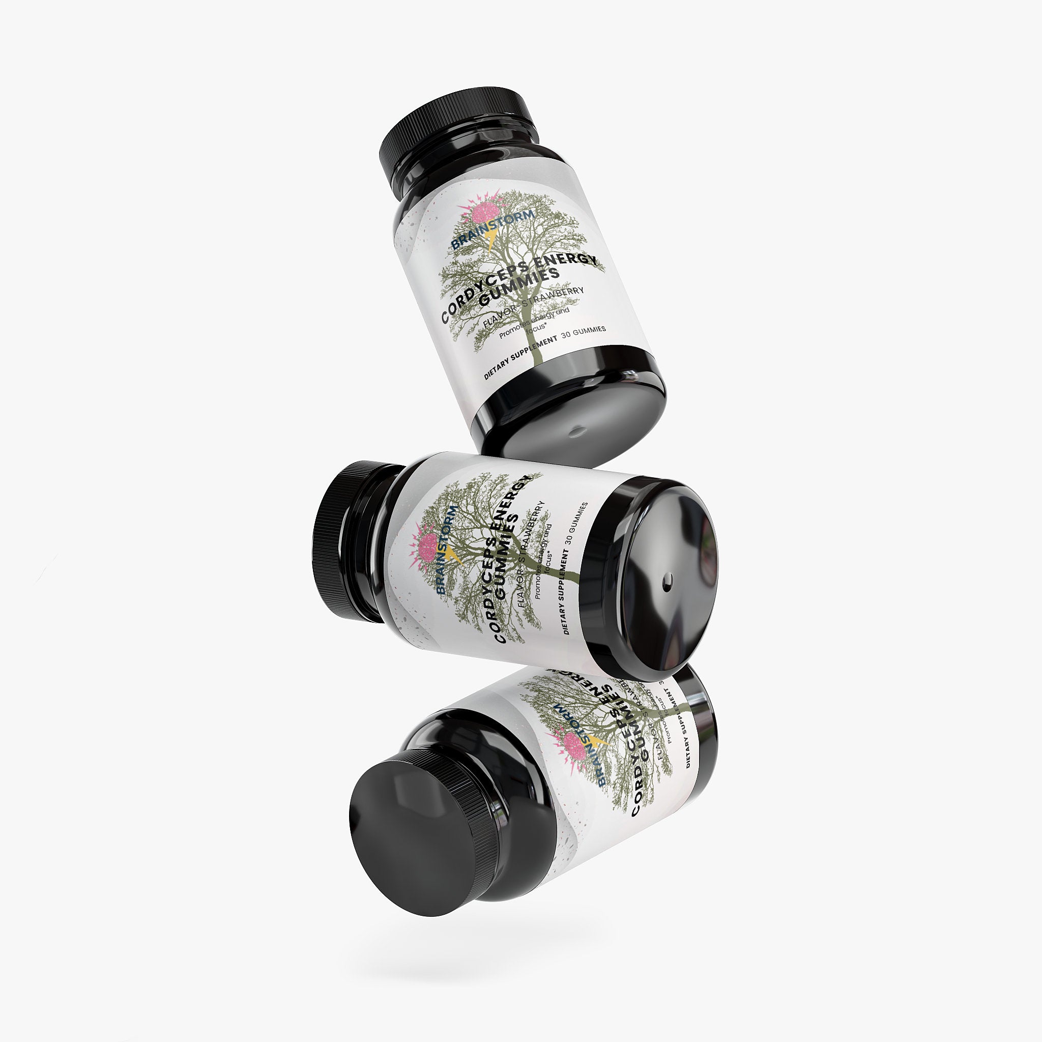 Three bottles of Brainstorm Cordyceps  Energy gummies on a white background
