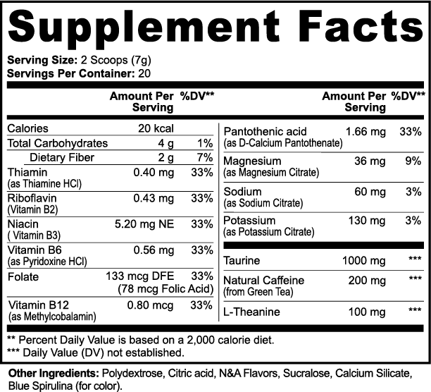 Supplement facts label with various nutrients and their amounts per serving
