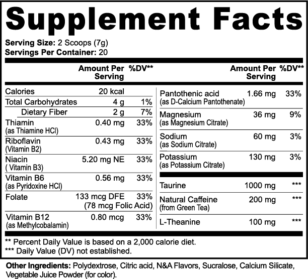 Supplement facts label with detailed nutritional information