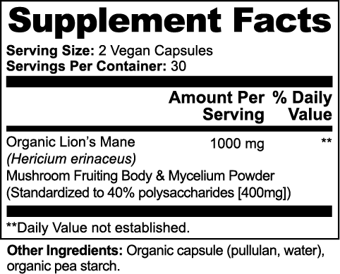 Supplement facts label for Organic Lion&