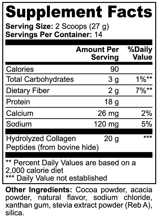 Supplement facts label with nutritional information for Grass-Fed Collagen Peptides Chocolate Flavor by Brainstorm on a white background