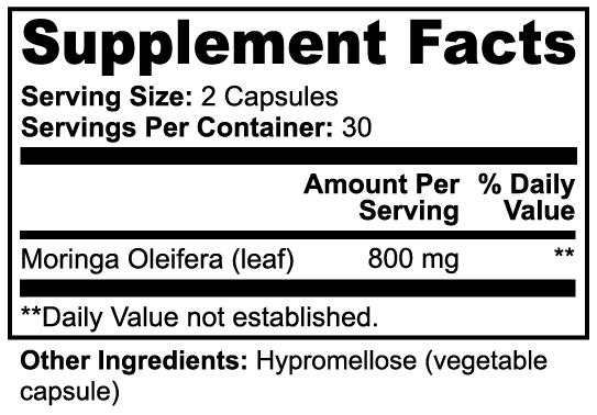 Supplement facts label with Moringa Oleifera information