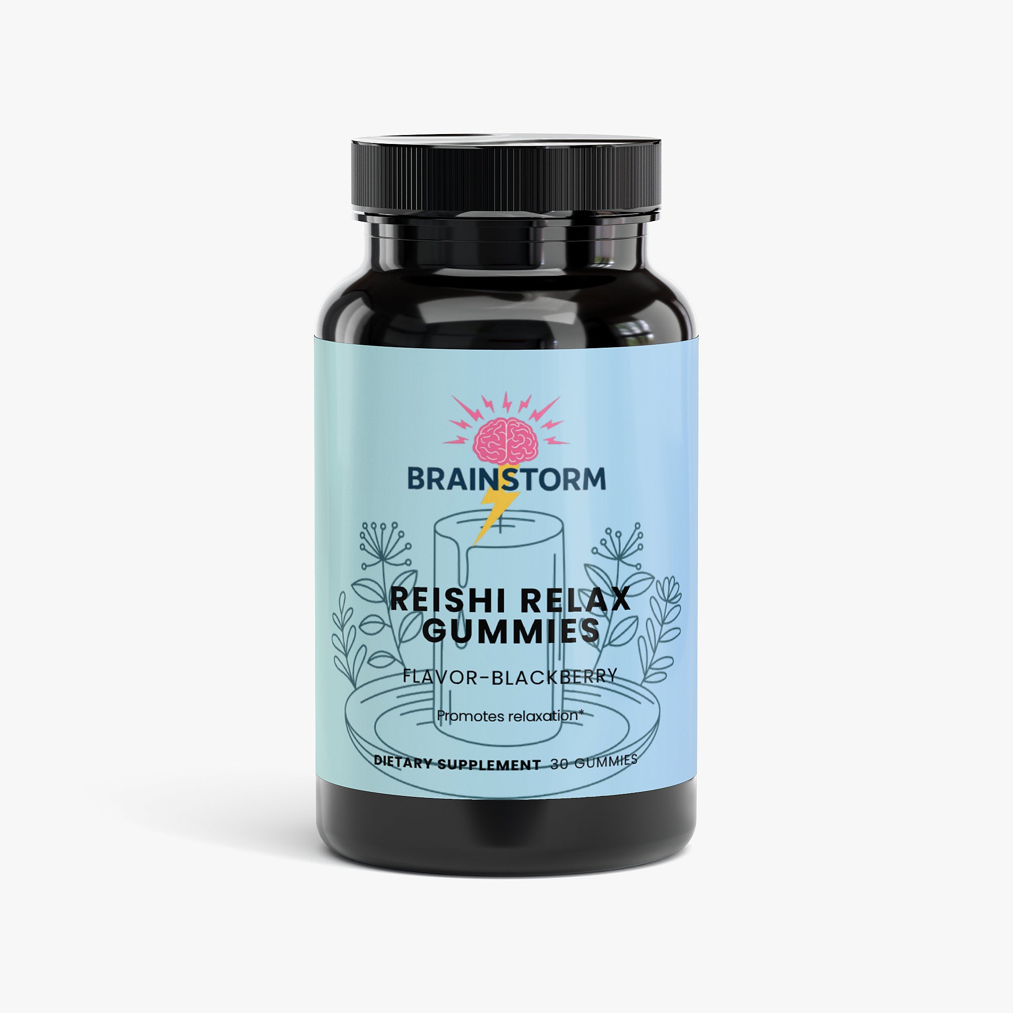 Supplement bottle labeled 'Reishi Relax Gummies' by Brainstorm Blackberry Flavor 30 Capsules on a white background