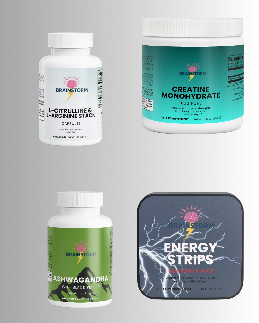 Collection of Brainstorm supplement products including L-citrulline and L-arginine stack, Creatine Monohydrate powder, Ashwagandha and energy strips on a gray background.