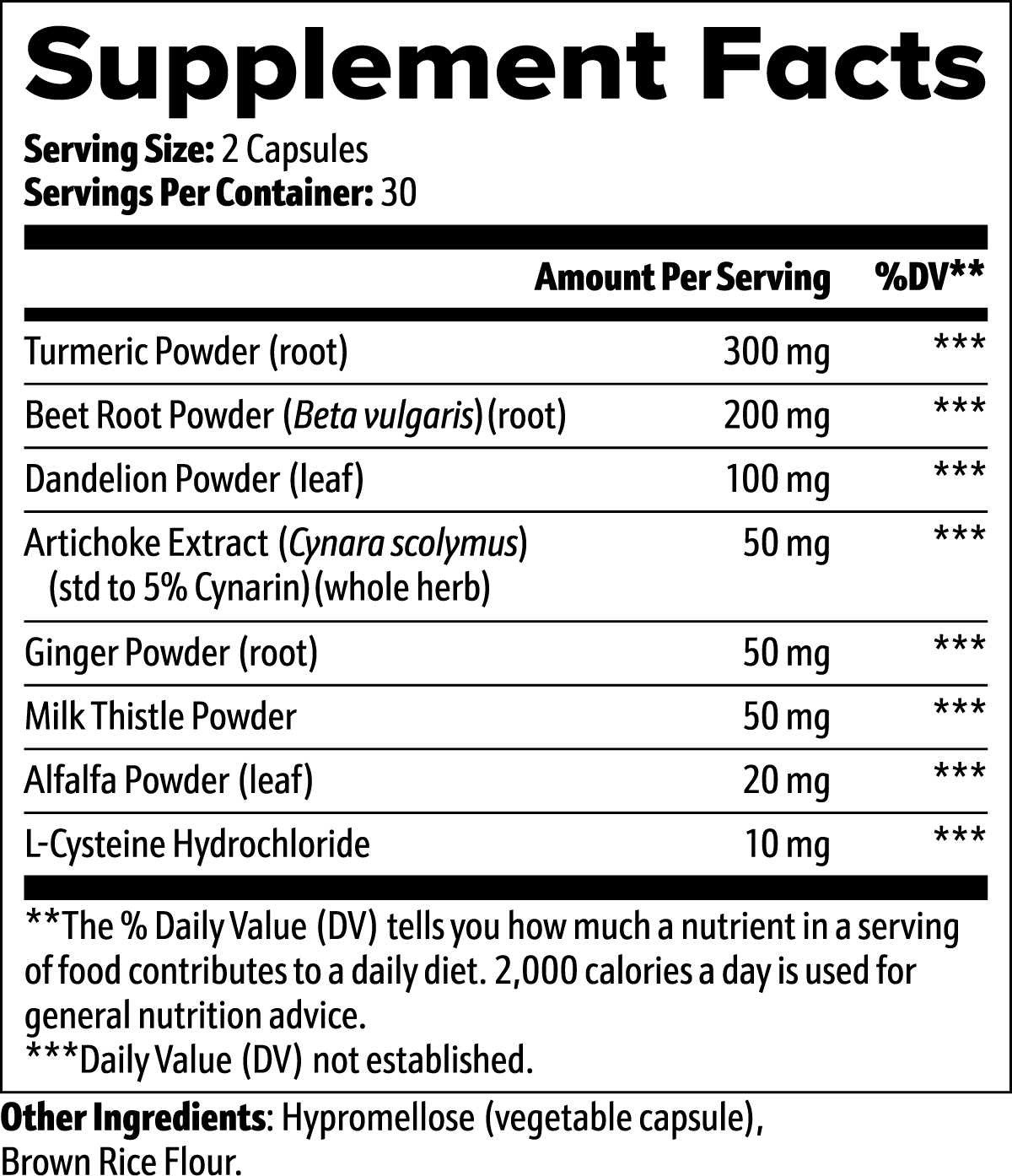 Supplement facts label with various ingredients and their amounts per serving or brainstorm's liver support capsules