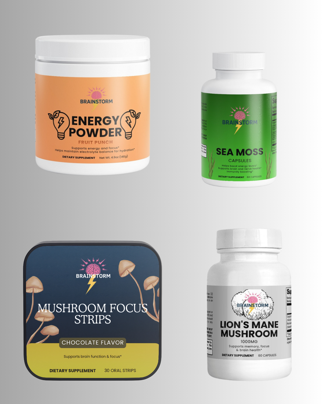 Collection of Brainstorm supplement products including Energy Powder, Sea Moss Capsules, Mushroom Focus Strips, and Lion's Mane Mushroom on a gray background.