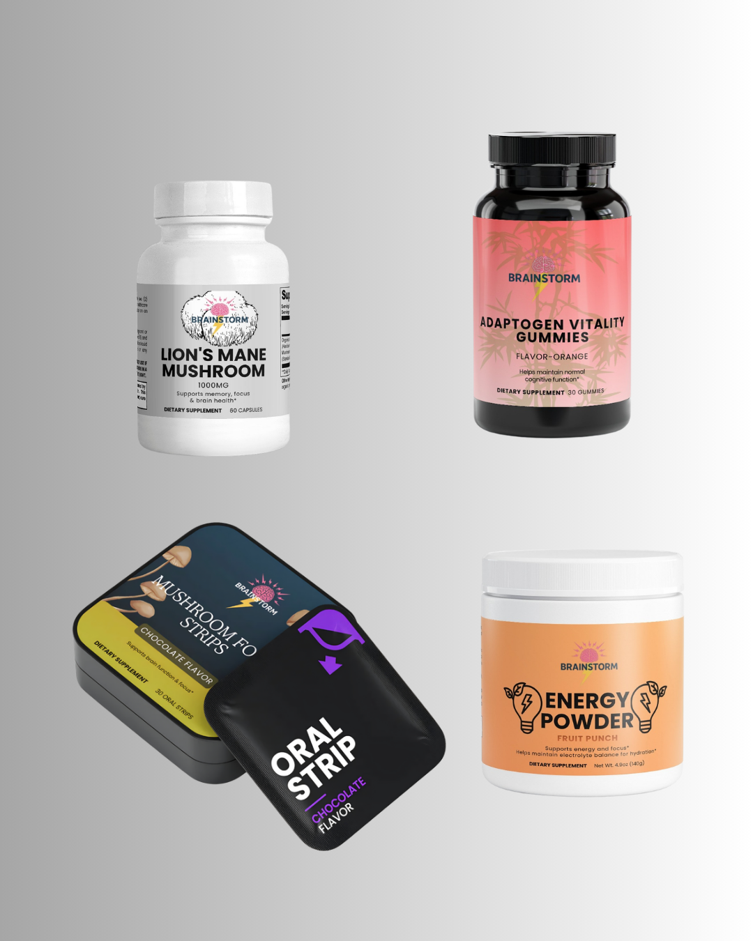 Collection of health and wellness products designed for focus including a bottle, container, and powder on a gray background.
