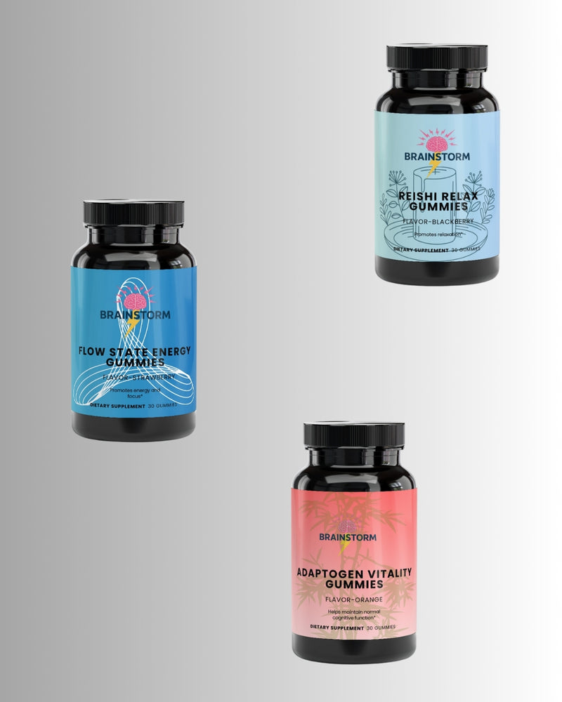 Three supplement bottles labeled 'Flow State Energy Gummies', 'Adaptogen Vitality Gummies', and 'Relish Relax Gummies' on a gray background.