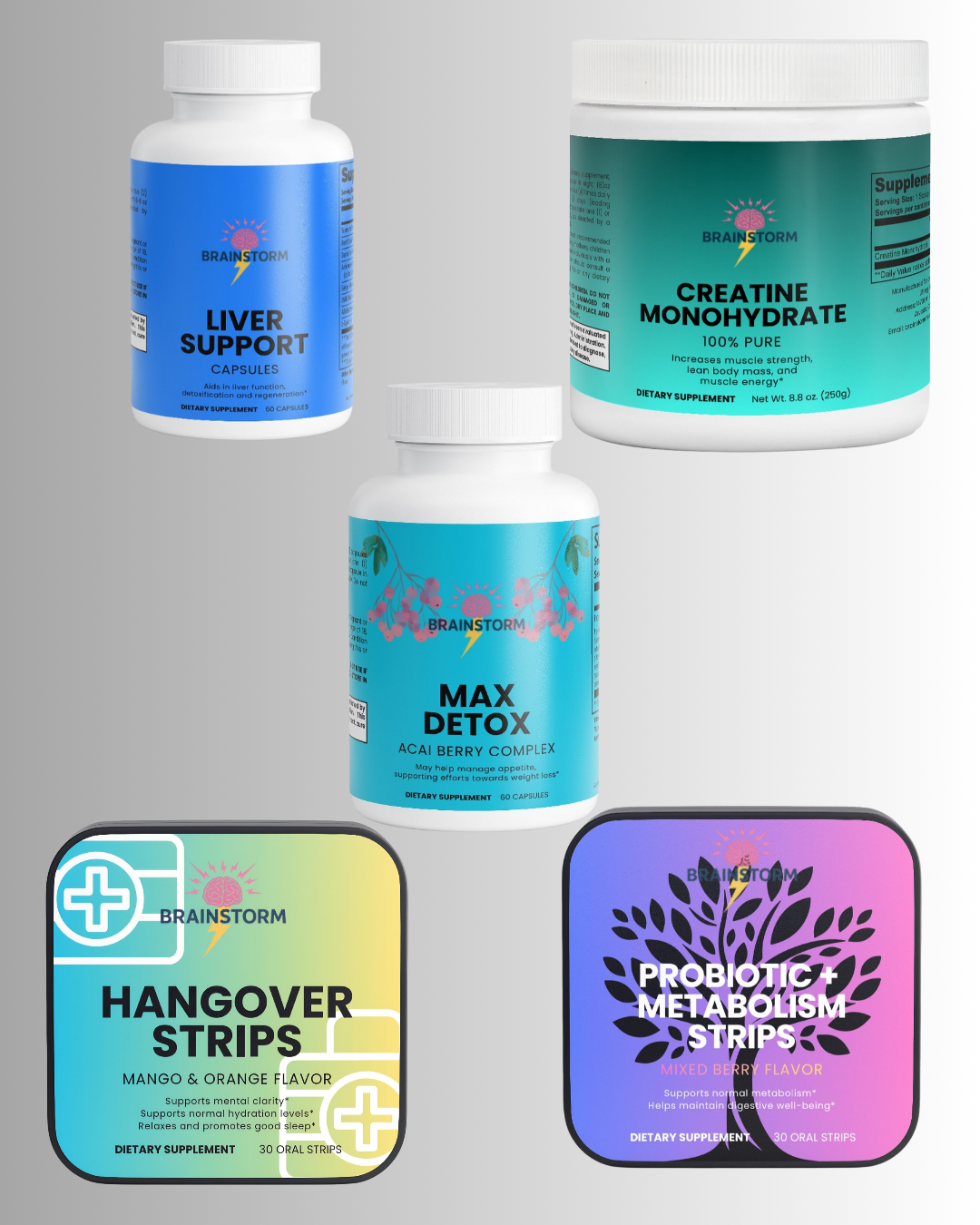 Collection of Brainstorm Nootropic dietary supplement containers containing Liver Support, Creatine Monohydrate, Acai Max Detox, Hangover Strips, and Probiotic Metabolism Strips on a gray background