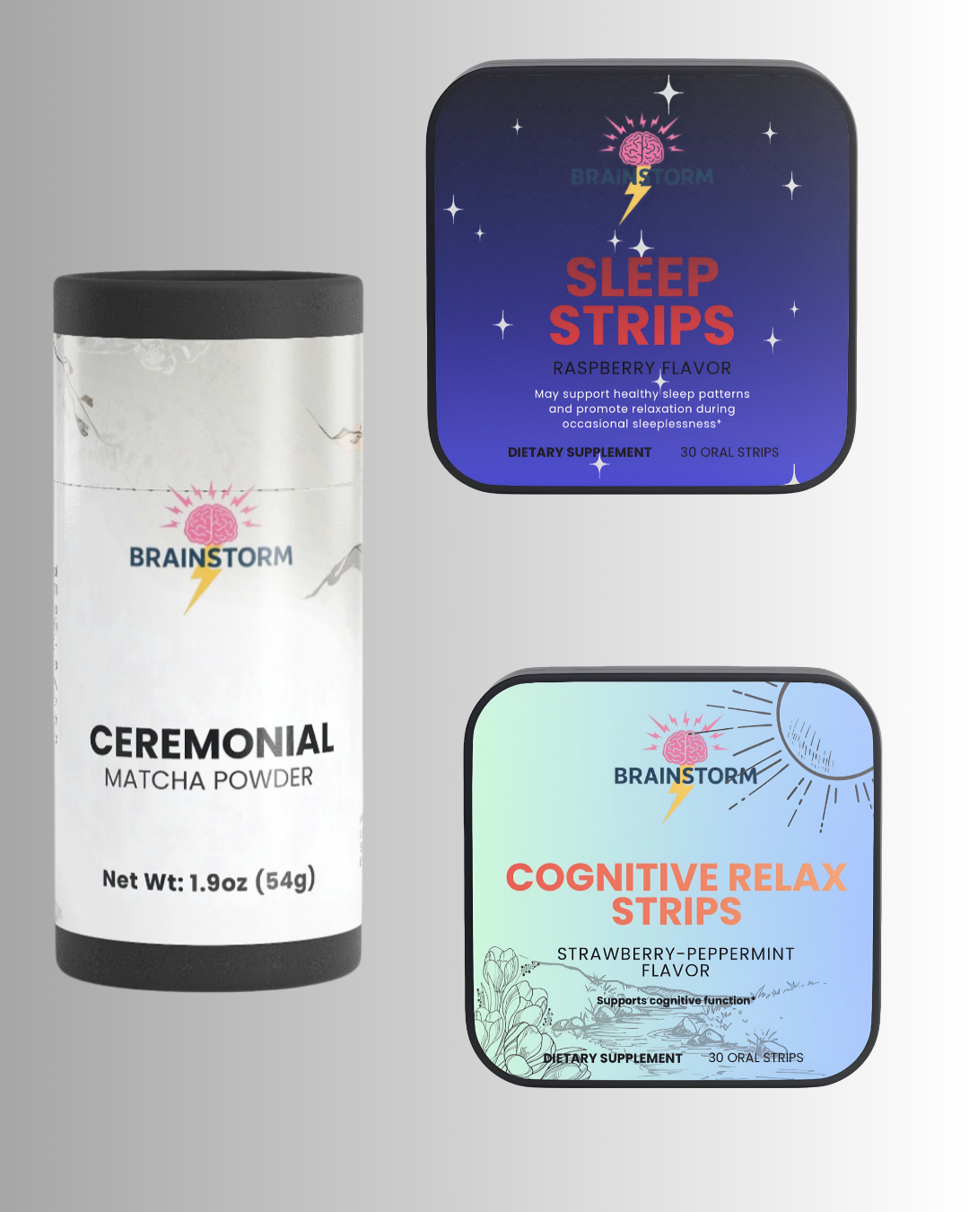 Brainstorm brand products including matcha powder, sleep strips, and cognitive relax strips on a light gray background.