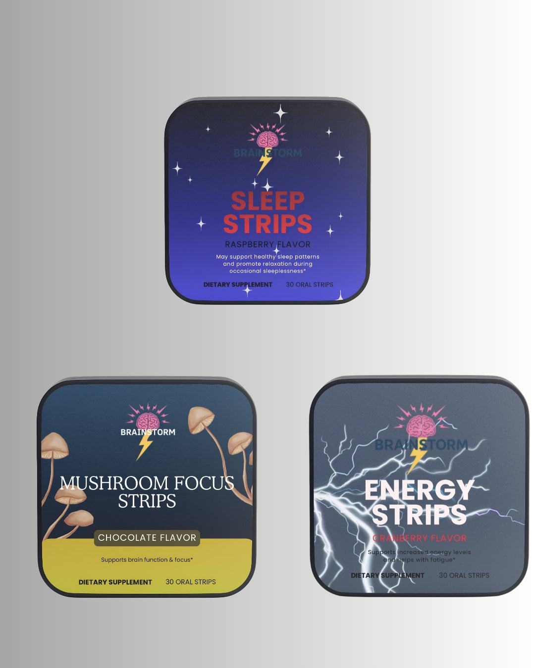 Three packages of Brainsstorm Nootropics  labeled 'Sleep Strips', 'Mushroom Focus Strips', and 'Energy Strips' on a gray background.